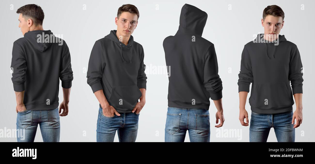 Template of a male blank black hoodie on a young guy for design presentation, set with a front and back pose. Mockup of casual clothes on an isolated Stock Photo