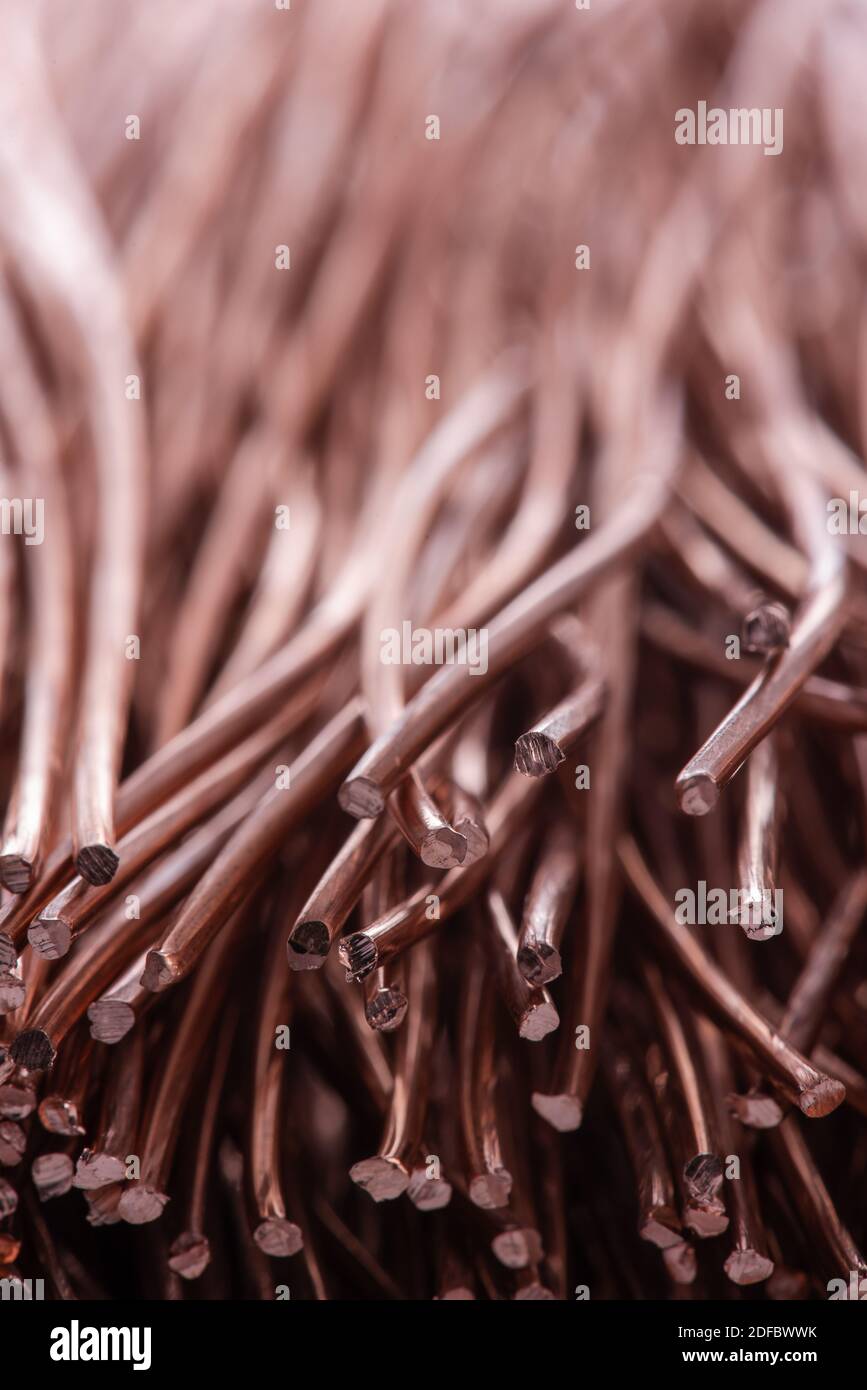 Copper wire, raw material energy industry, technology renewable energy, healthcare, energy efficient transportation and communications Stock Photo