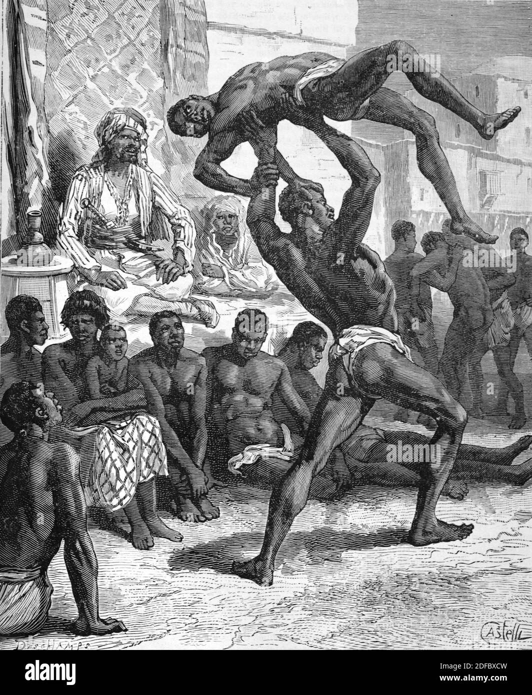Slaves Wrestle in the Court of Muhammad Ahmad, Sufi Sheikh and Self-Declared Mahdi, Sudan (Engr Castelli 1884) Vintage Illustration or Engraving Stock Photo