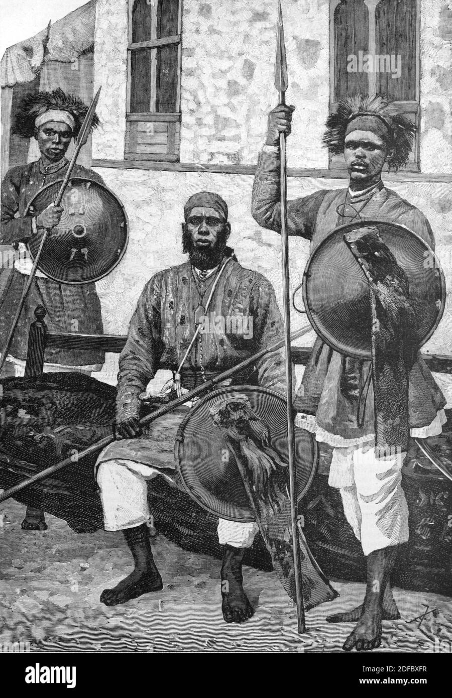 Abyssinian Soldiers or Troops Holding Spears & Shields of Ethiopian Emperor Menelik II (Engr 1895) Vintage Engraving or Illustration Stock Photo