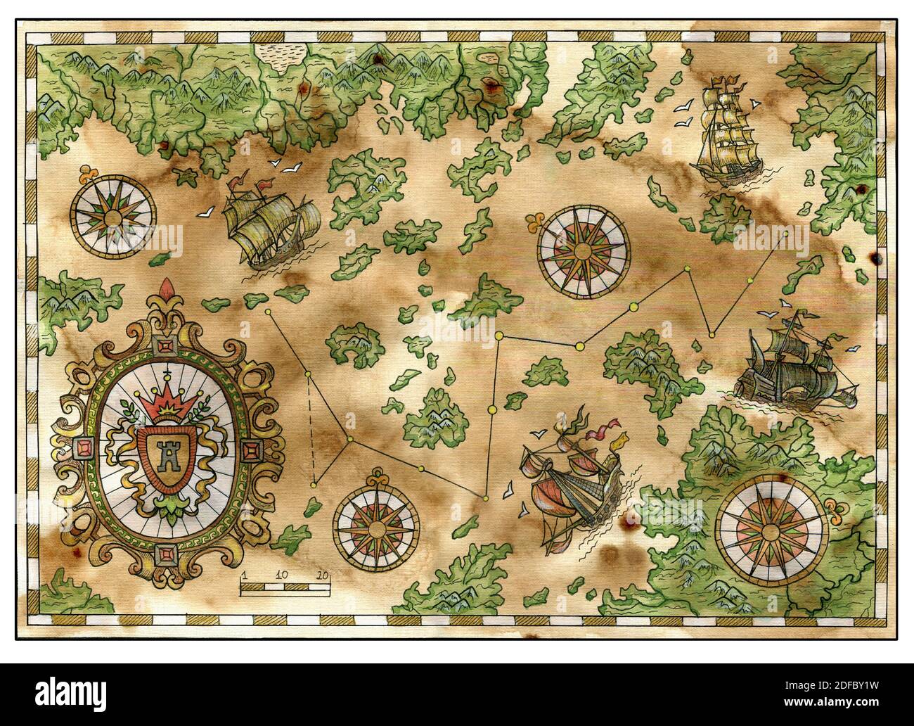 Ancient pirate map with old pirate sailboats, treasure islands. Decorative antique background with nautical chart, adventure treasures hunt concept Stock Photo
