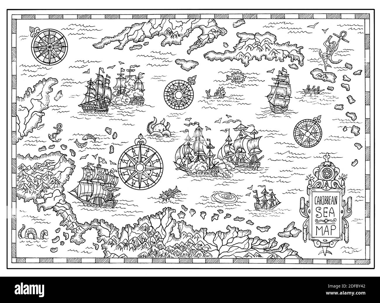 Ancient pirate map with old pirate sailboats, treasure islands. Decorative antique background with nautical chart, adventure treasures hunt concept Stock Photo