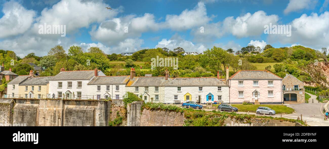 Cottages overlooking the inner harbour at Charlestown, Cornwall, England, UK Stock Photo