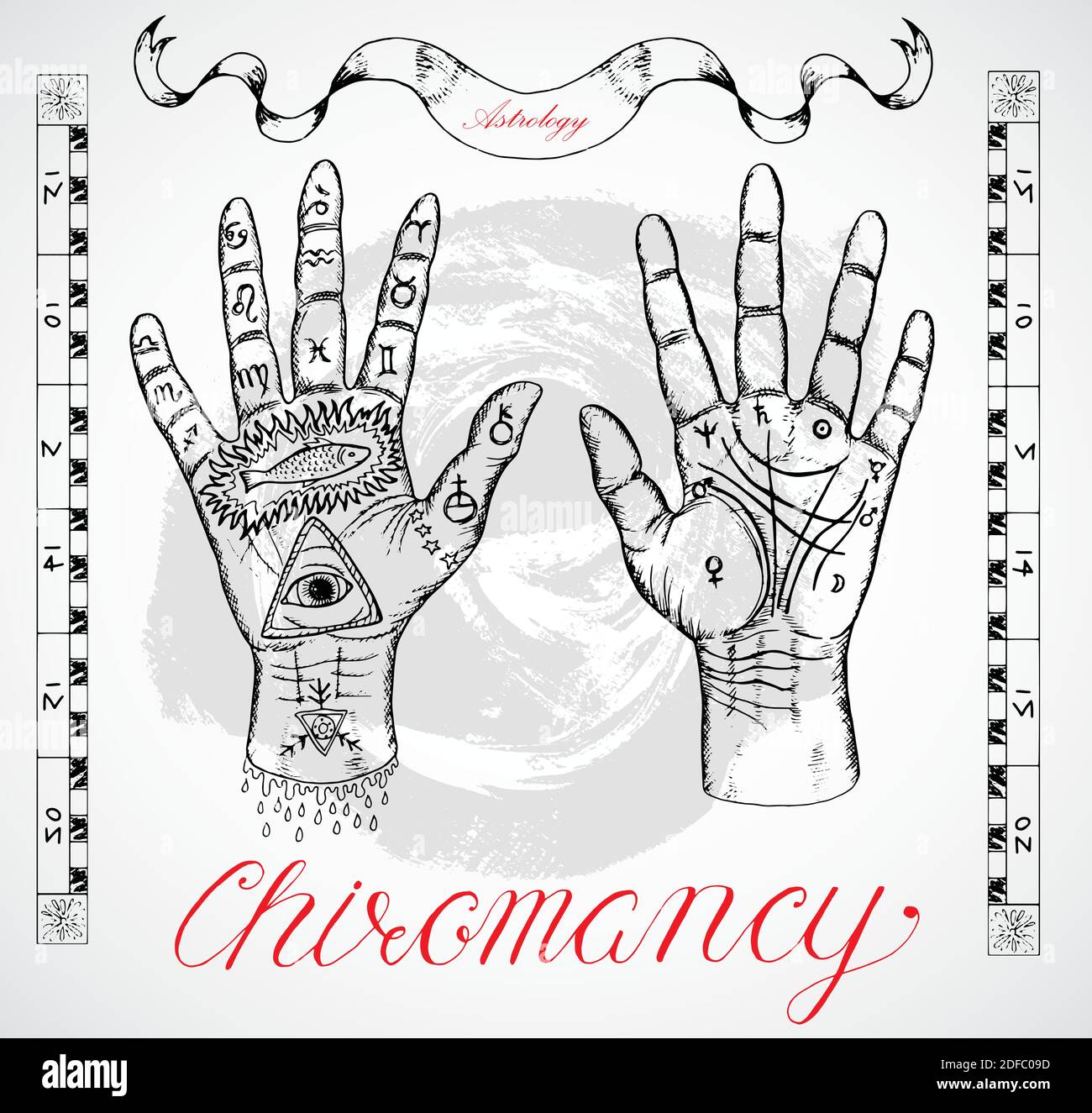 Vintage chiromancy chart with hands, palms, fingers and lines. Sketch(04)