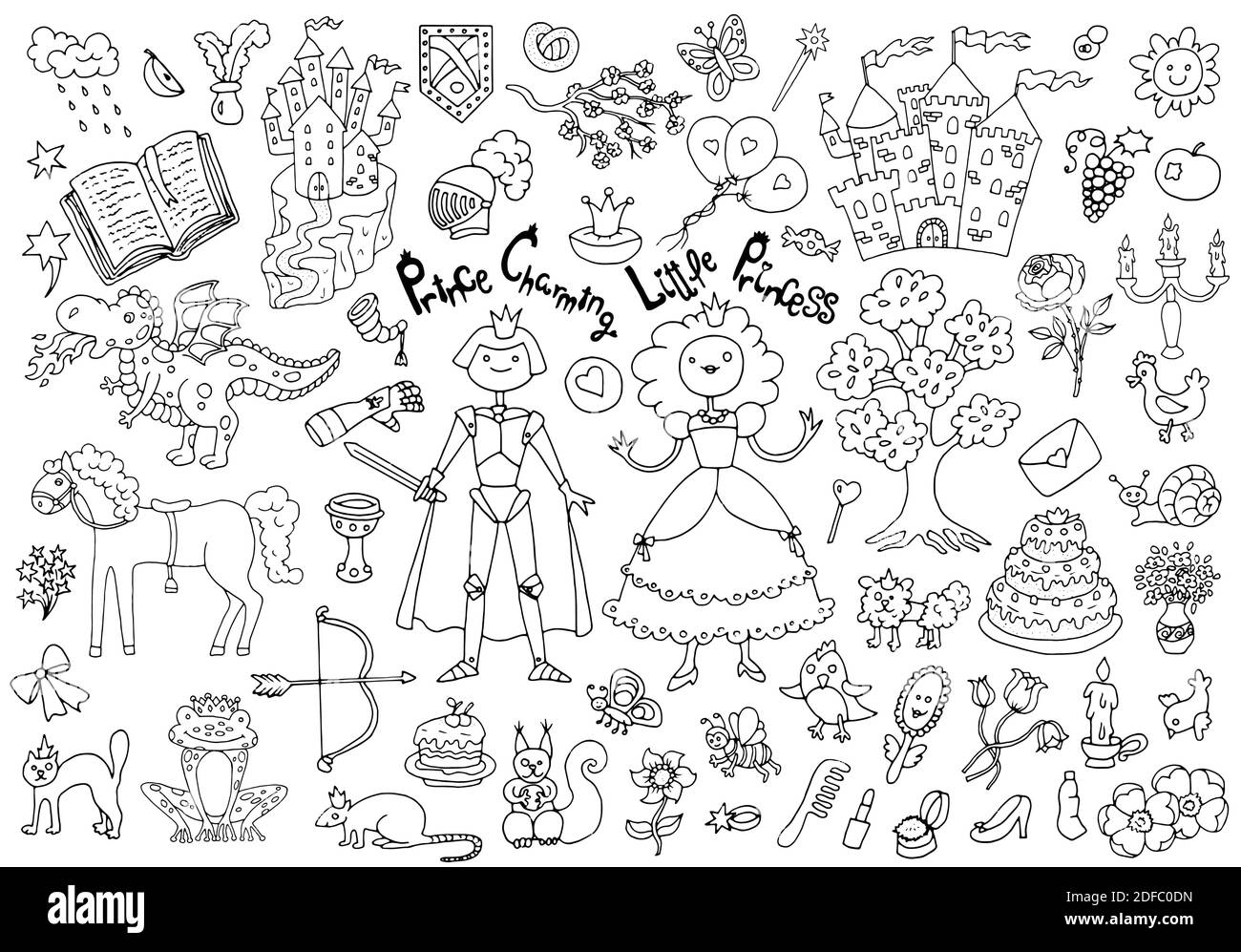 Doodle set with royal prince and princess concept and accessories Stock ...