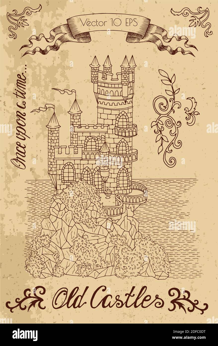 Hand drawn set with old castles. Graphic vector illustration with vintage design elements. Stock Vector