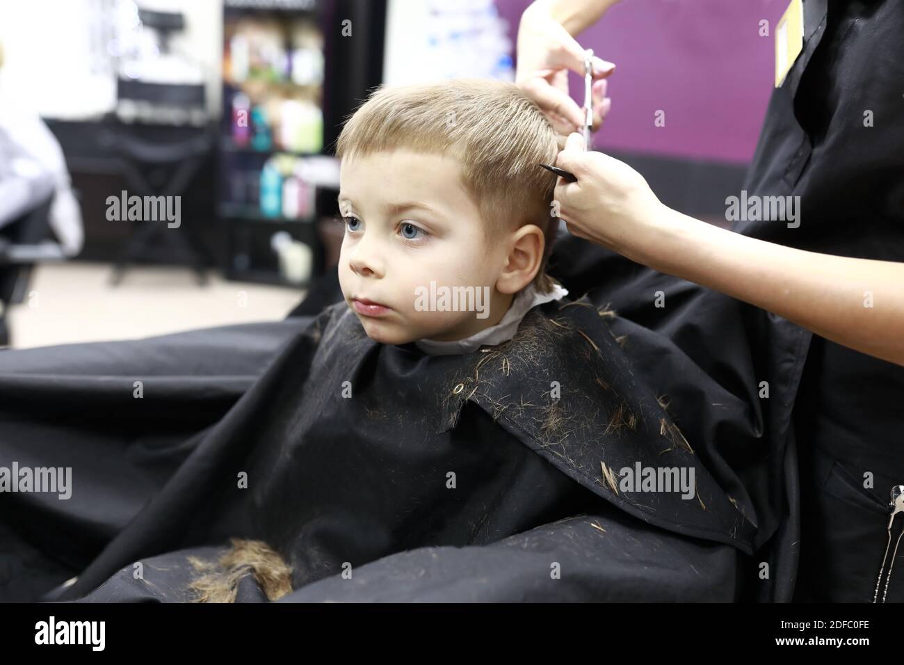 Boy getting haircut in the hairdresser salon Stock Photo Alamy
