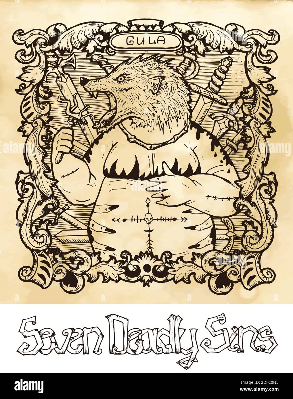 Seven deadly sins concept on texture vector background. Vector