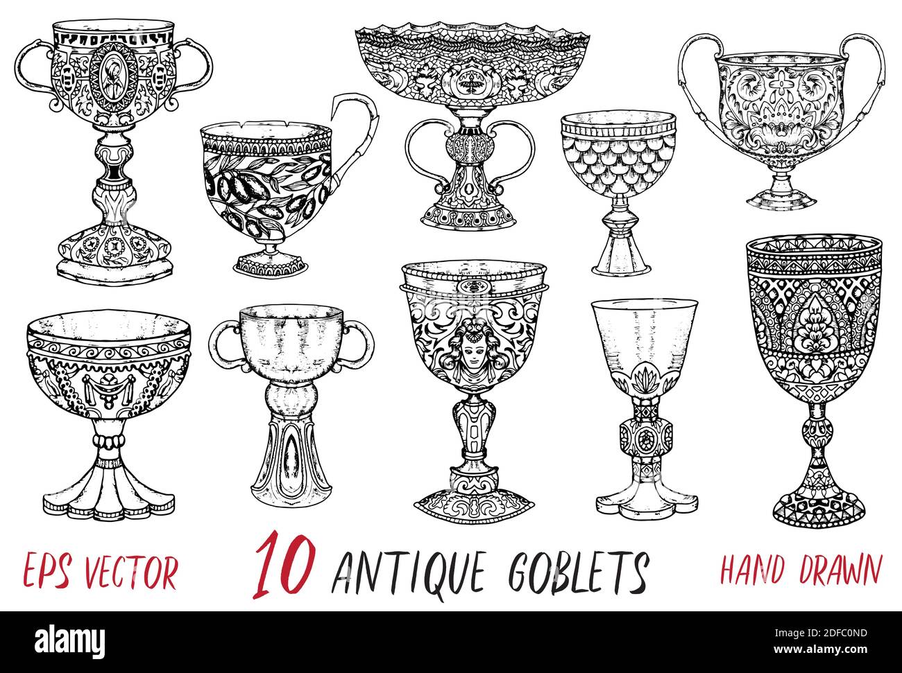 Vintage collection with ten antique goblets. Hand drawn doodle engraved illustration with graphic drawings Stock Vector
