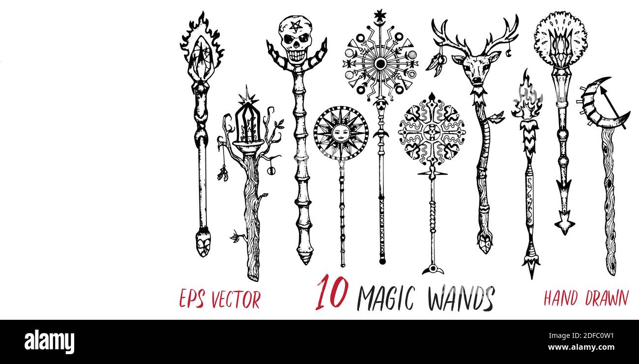 Antique magic wands isolated on white. Hand drawn doodle graphic illustration with fantasy and mystic objects Stock Vector