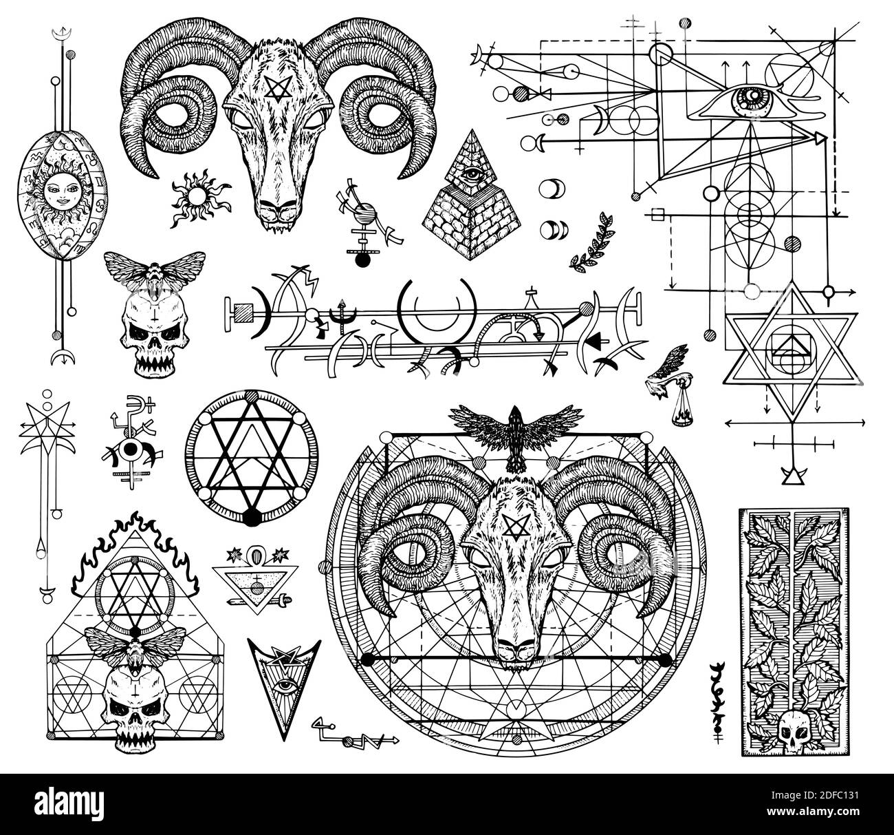 Occult and esoteric vector engraved illustration, tattoo gothic and wicca concept with mystic symbols. Stock Vector