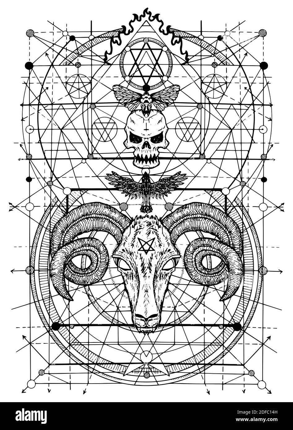 Occult and esoteric vector engraved illustration, tattoo gothic and wicca concept with mystic symbols. Stock Vector