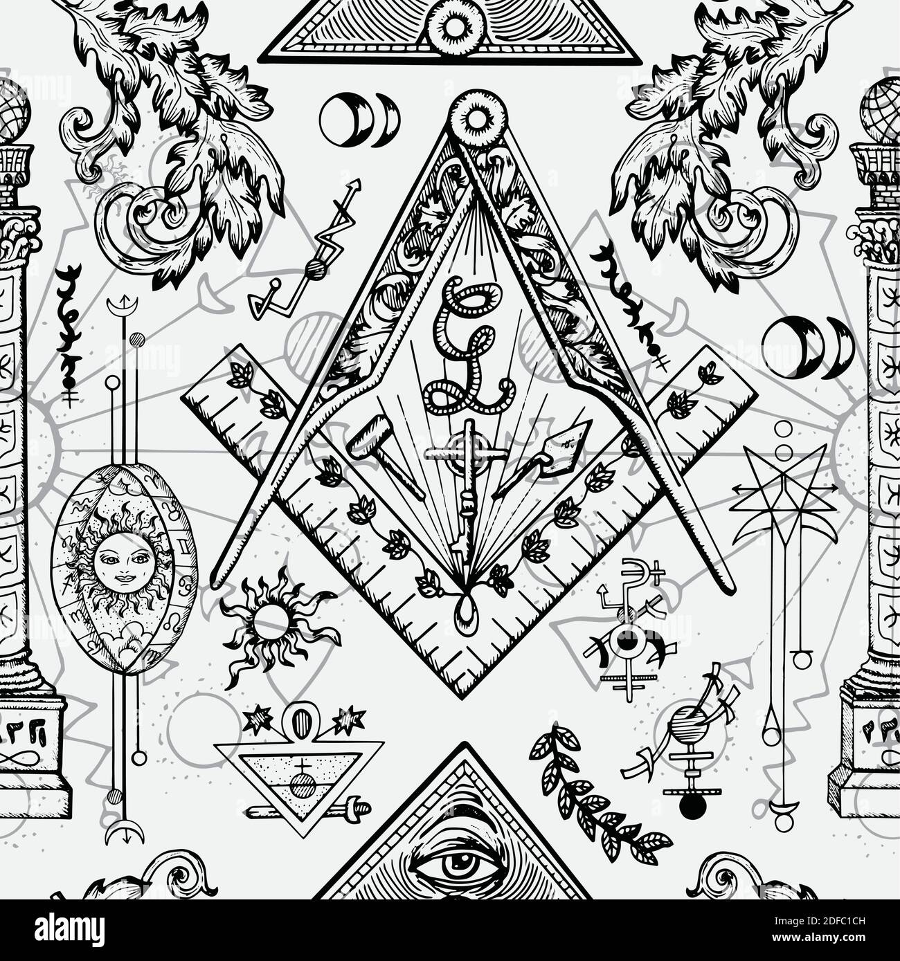 Occult and esoteric vector engraved illustration, tattoo gothic and wicca concept with mystic symbols. Stock Vector