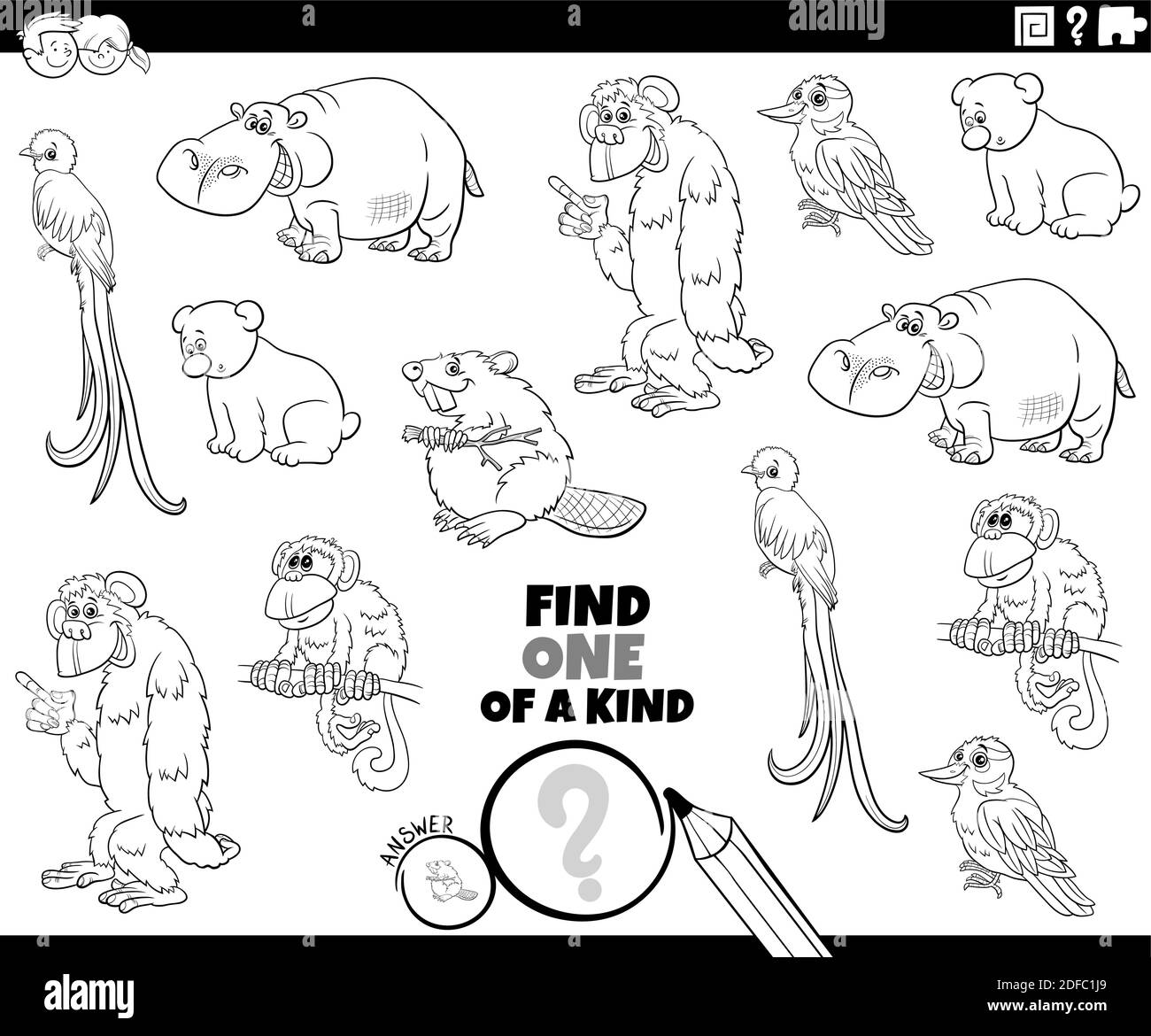 Black and white cartoon illustration of find one of a kind picture educational game with wild animal characters coloring book page Stock Vector