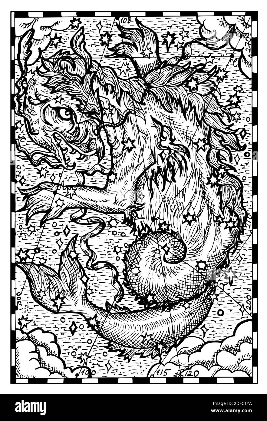 Giant Sky Whale. Engraved black and white Fantasy illustration with ...