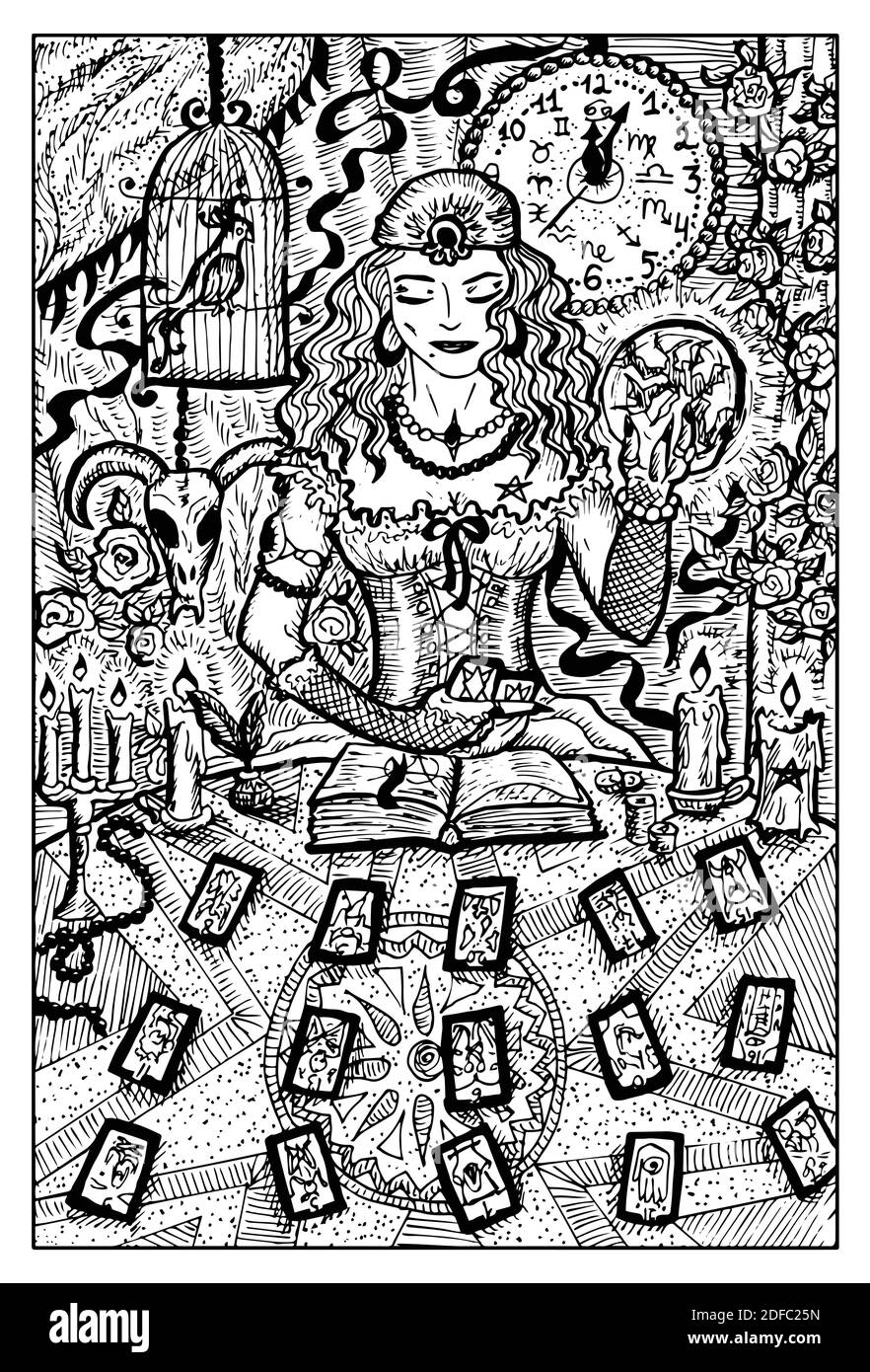Fortune teller with tarot cards. Engraved black and white Fantasy  illustration with mythological creatures and characters Stock Vector Image  & Art - Alamy