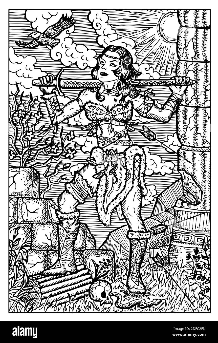 Amazon Woman. Engraved black and white Fantasy illustration with
