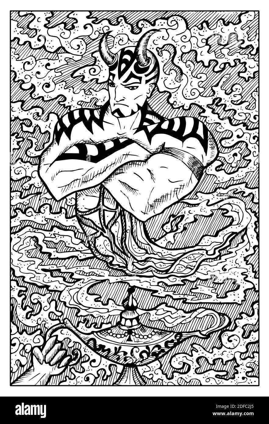 Ginn. Engraved black and white Fantasy illustration with mythological ...