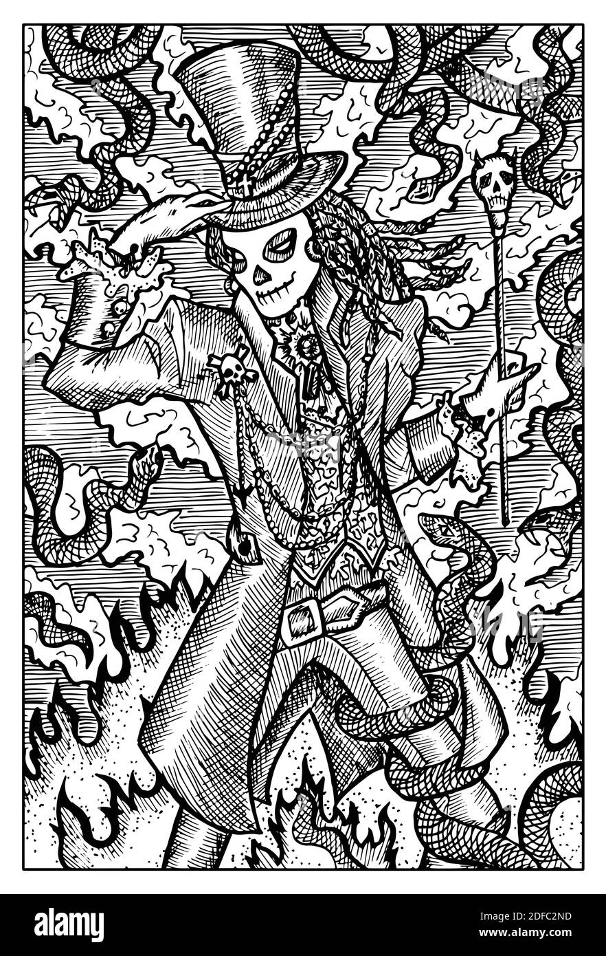 Baron Samedi. Engraved black and white Fantasy illustration with mythological creatures and characters Stock Vector