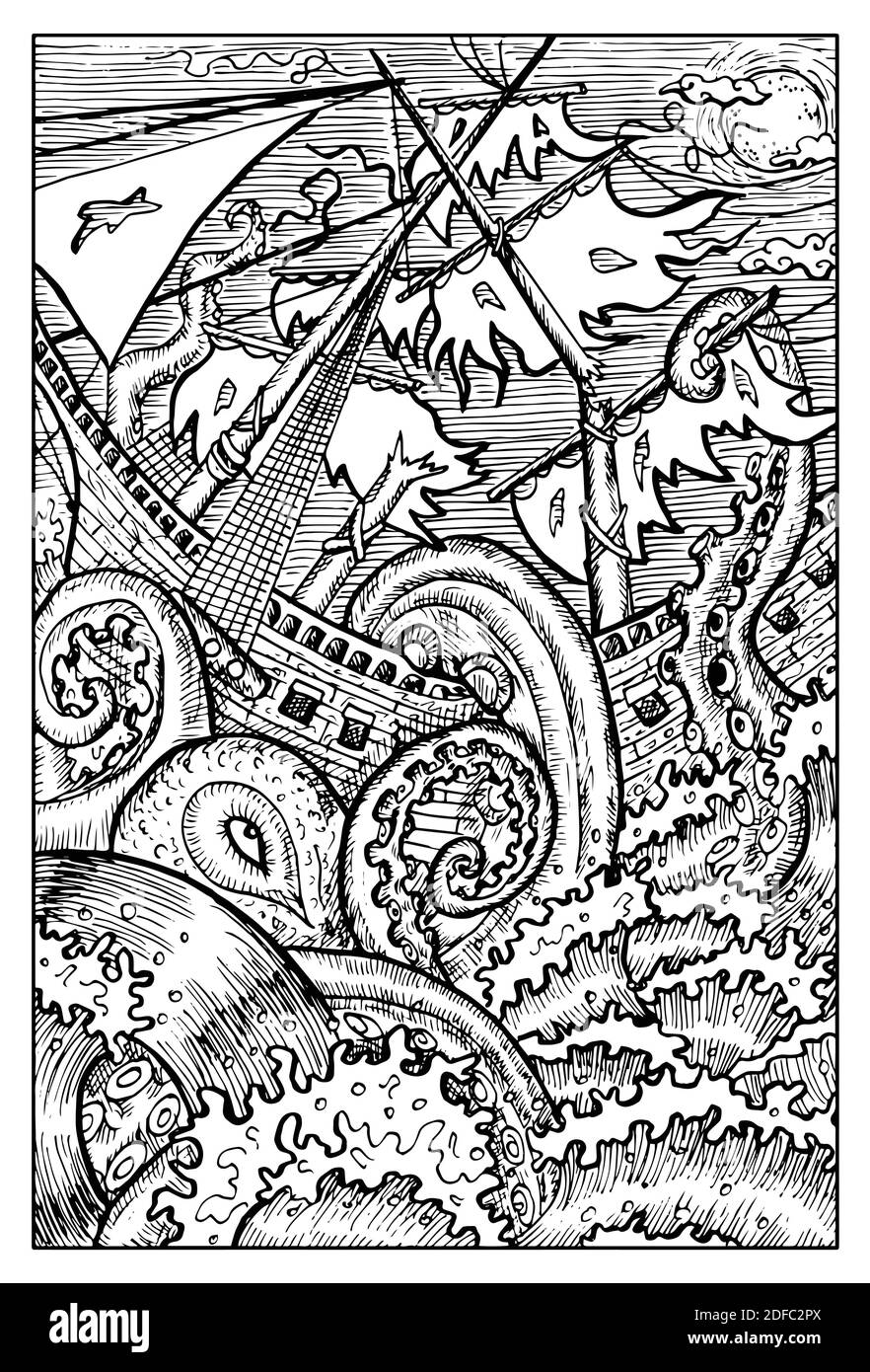 kraken. Engraved black and white Fantasy illustration with mythological creatures and characters Stock Vector