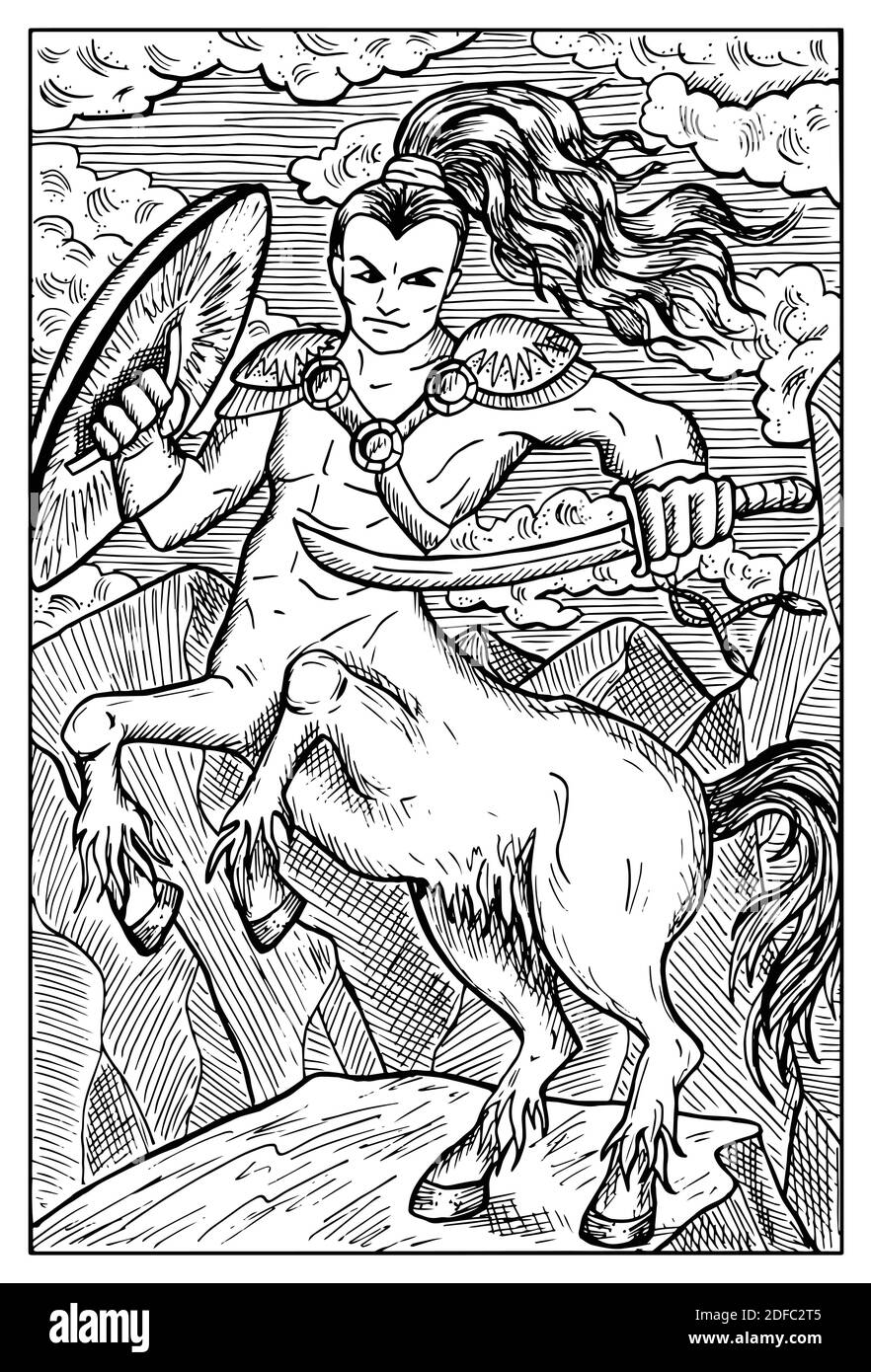 Centaur. Engraved black and white Fantasy illustration with mythological creatures and characters Stock Vector