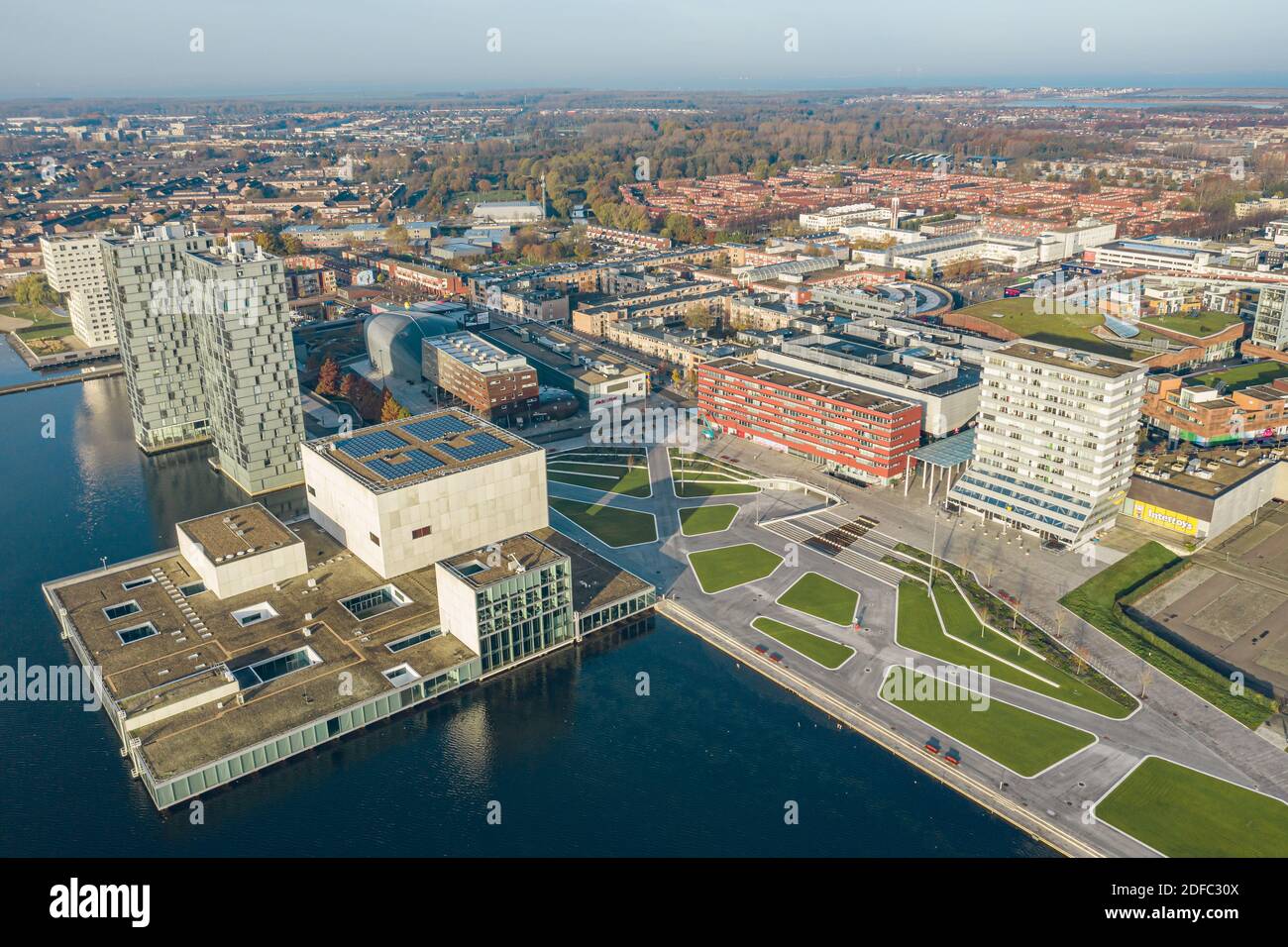 Modern Architecture Of Almere Netherlands Suburb Of Amsterdam City Center With Newly Renovated Esplanade Square Near Lake Weerwater Aerial View Stock Photo Alamy