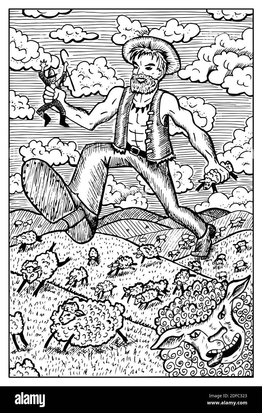 Giant. Engraved black and white Fantasy illustration with mythological ...