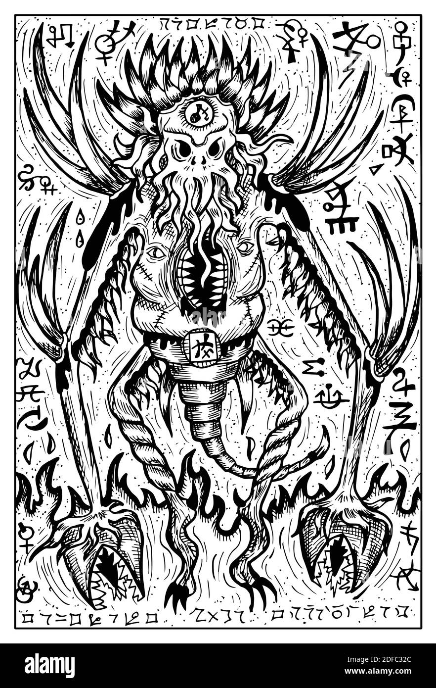Demon. Engraved black and white Fantasy illustration with mythological ...