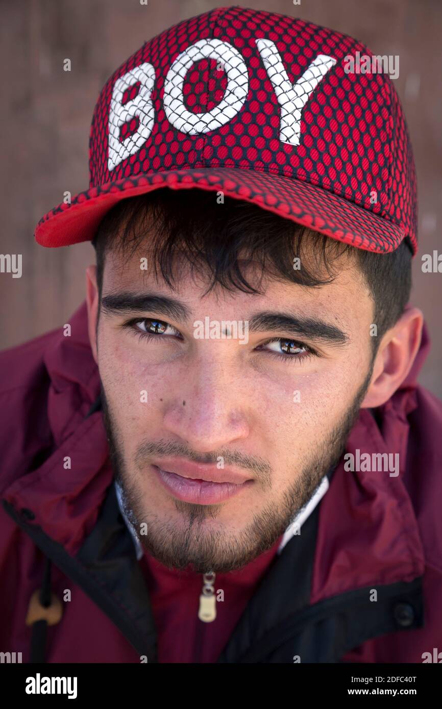 Tajikistan, Gbao province, Tajik man in Khorog wearing boy cap, portrait of Pamiri Stock Photo