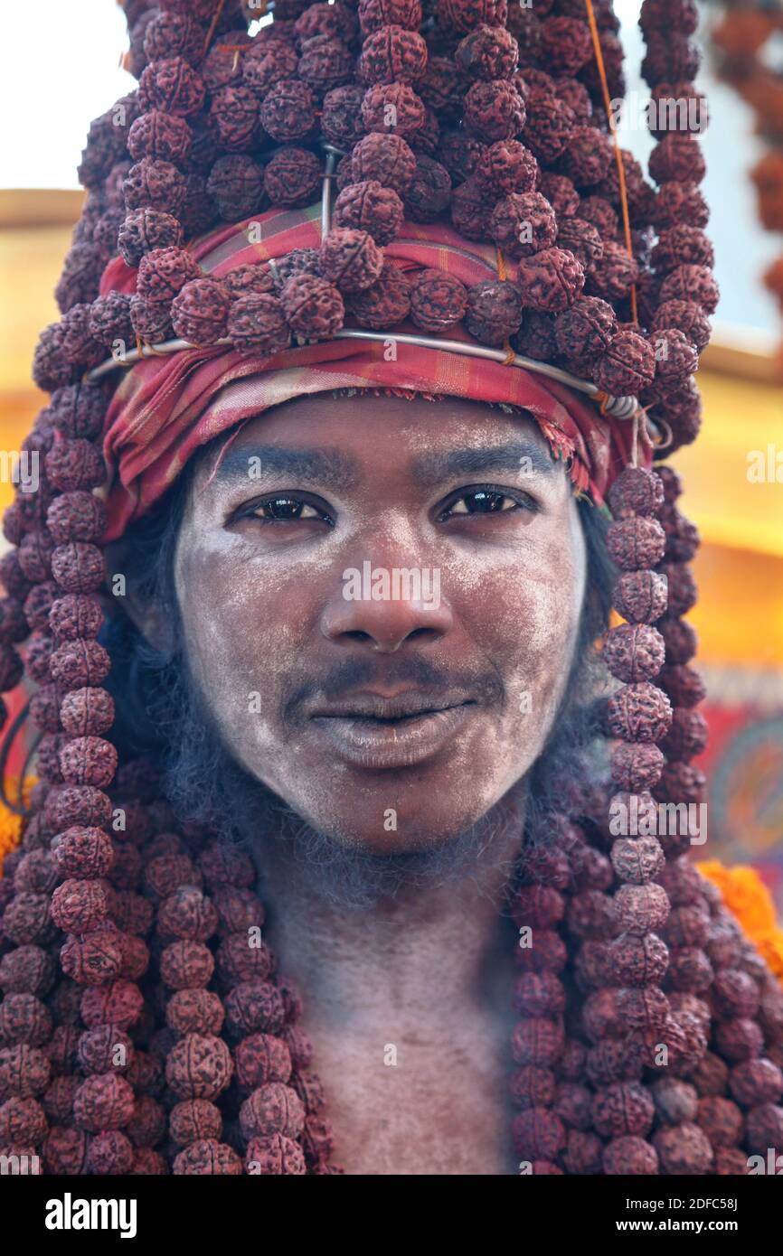 India, portrait of Naga saddhu sadhu baba during Maha Kumbh mela 2013 in Allahabad Stock Photo