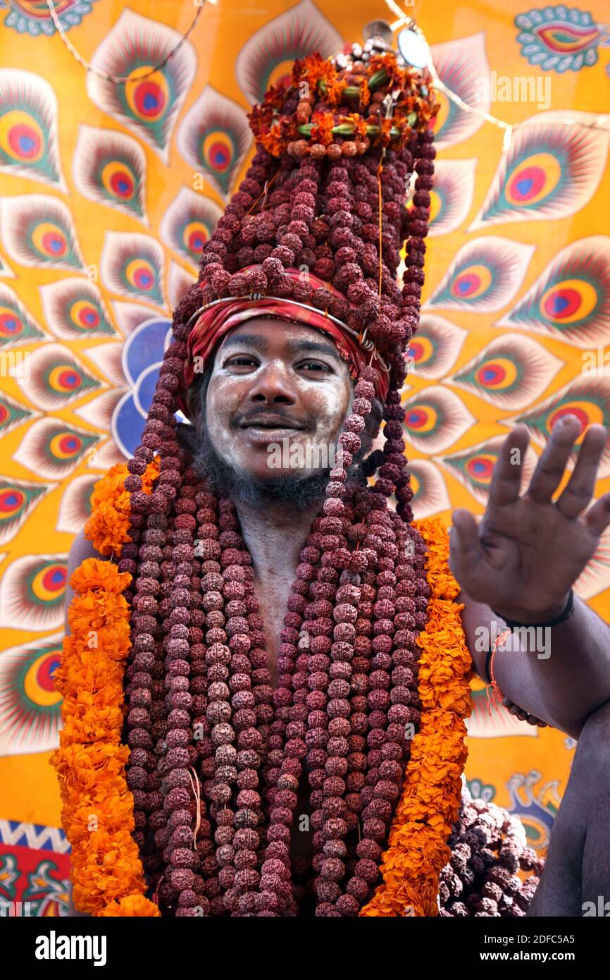 India, Uttar Pradesh, Allahabad, Sangam, portrait of a naga baba (sadhu, Hindu ascetic) during the Kumbh Mela festival in February 2013 Stock Photo