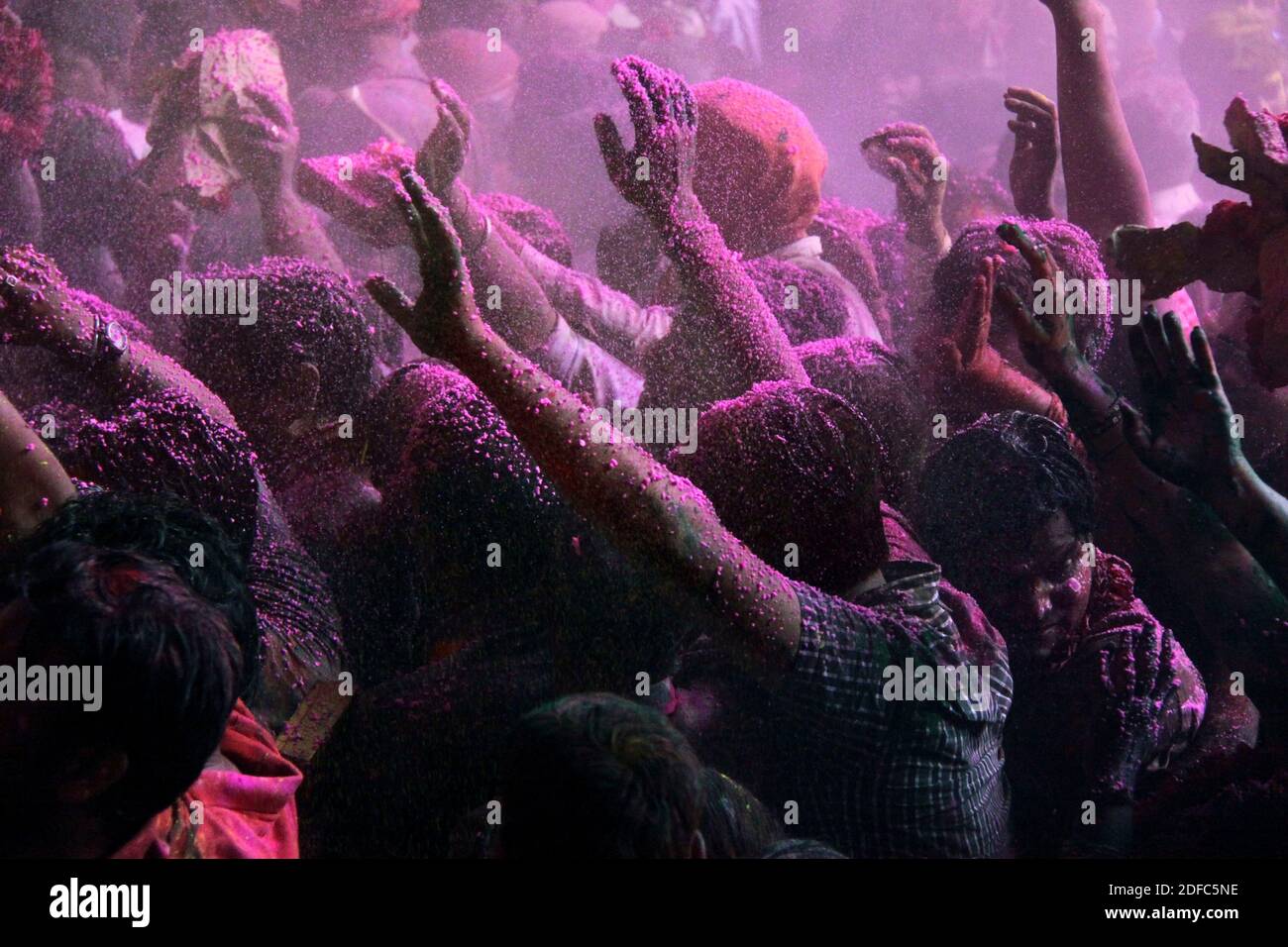 India, Uttar Pradesh, Vrindavan, Holi celebrations at banke Bihari temple worshipping Lord Krishna Stock Photo