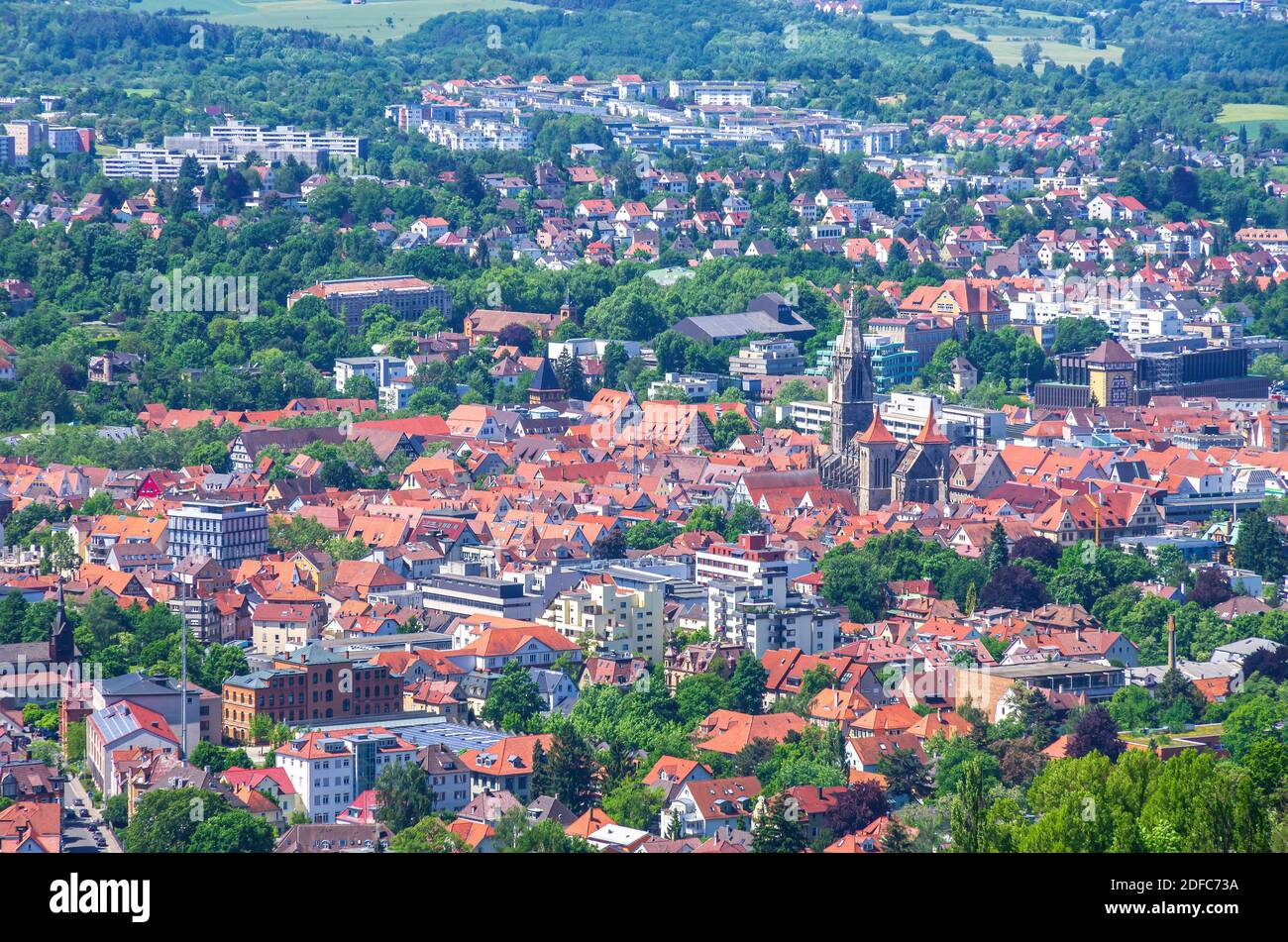 View from the Achalm castle ruin over Reutlingen, Baden-Württemberg, Germany.. Stock Photo