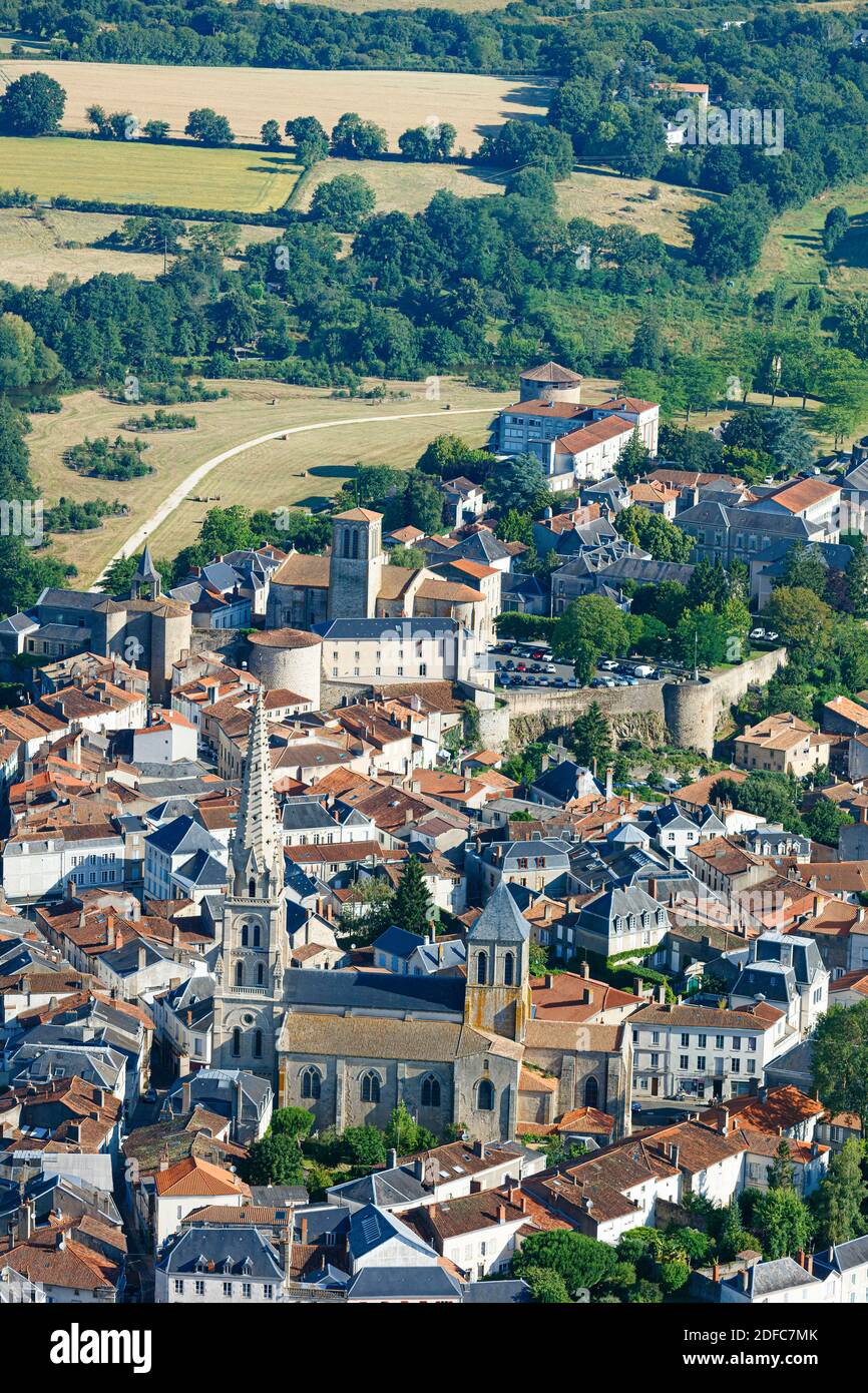 France, Deux Sevres, Parthenay, St Laurent church and yhe old medieval town (aerial view) Stock Photo
