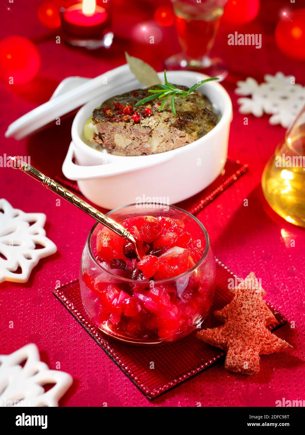 Red fruit chutney and foie gras terrine, Christmas starter Stock Photo