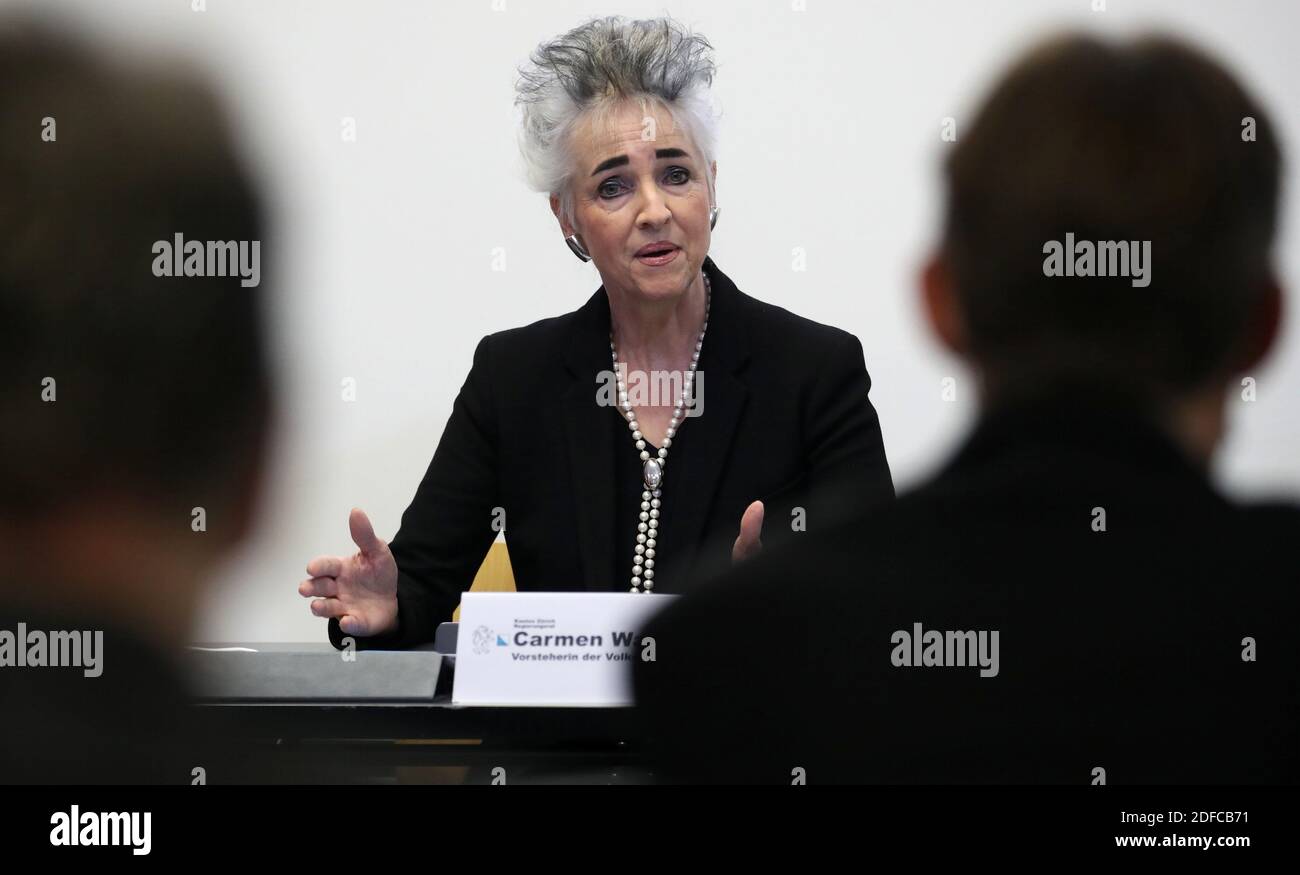 Councillor and economic director of the Canton of Zurich Carmen Walker  Spaeh addresses a news conference next to CEO of Swiss Airlines Thomas  Kluehr, as the spread of the coronavirus disease (COVID-19)