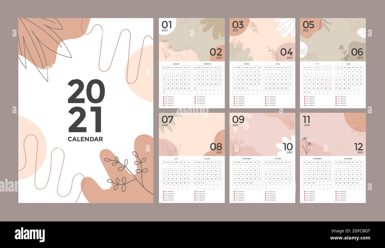 Set Of Abstract Creative Calendar Design Of 2021 Year Vector Template