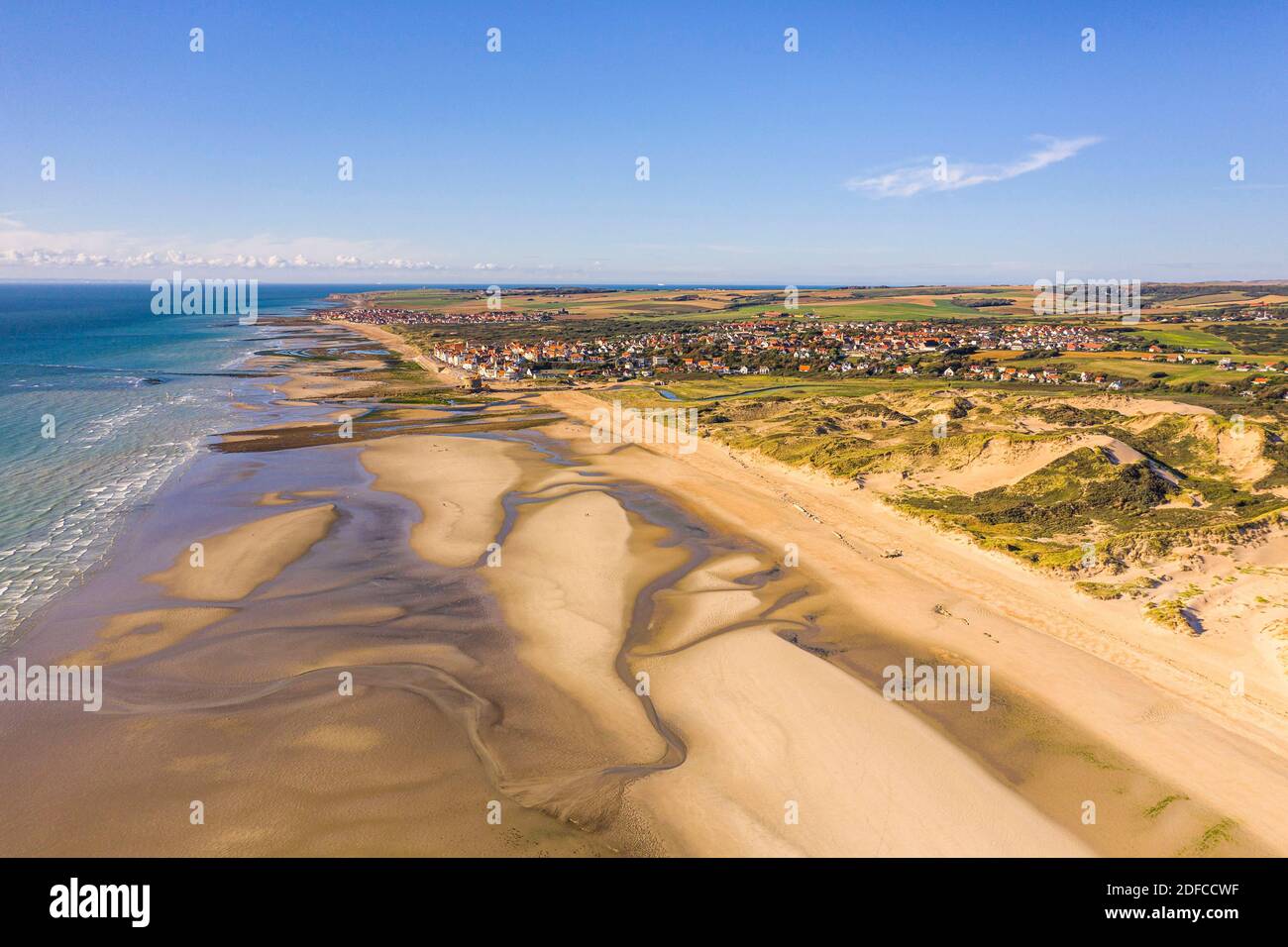 France, Pas-de-Calais (62), Opal Coast, Great site of the two capes, Slack Bay and the towns of Ambleteuse and Audresselles (aerial view) Stock Photo