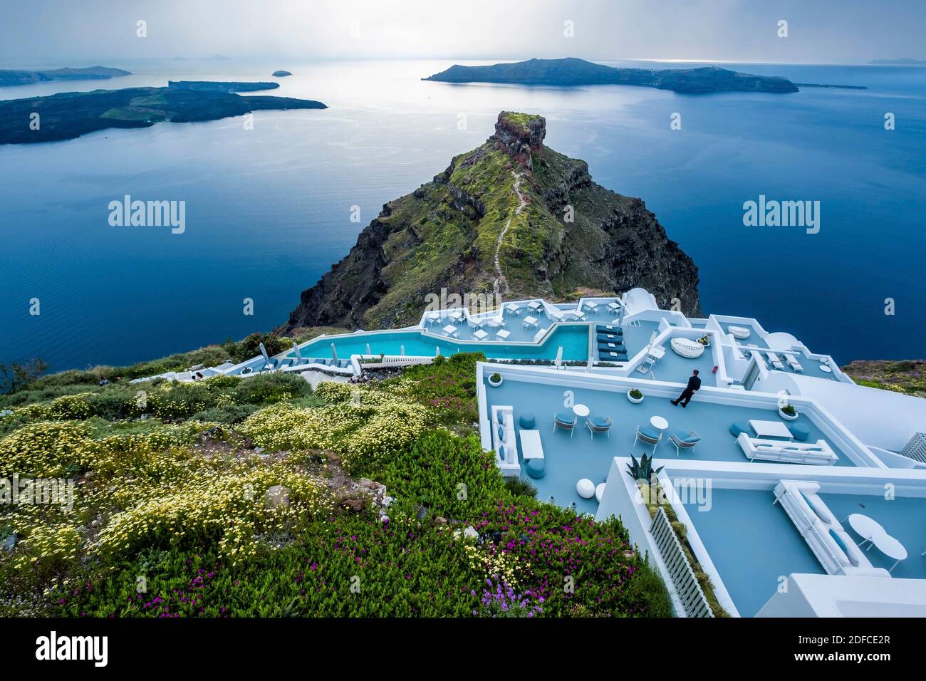Greece, Western Cyclades, Santorini, Fira village, Skaros Rock Stock Photo