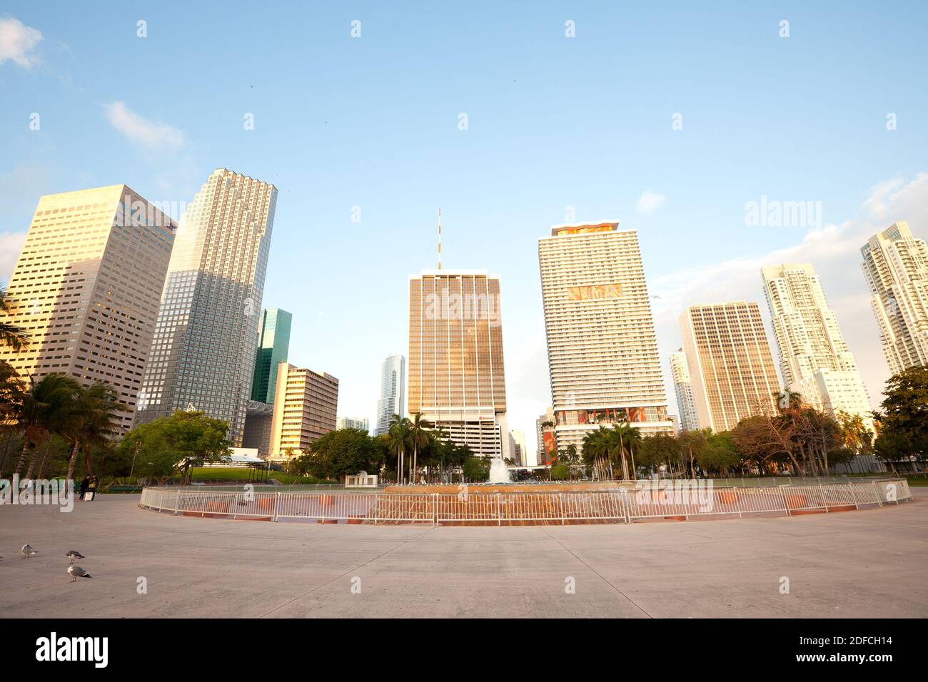 Miami, Florida, United States - Fountain at Bayfront Park and skyline of buildings at downtown Miami. Stock Photo