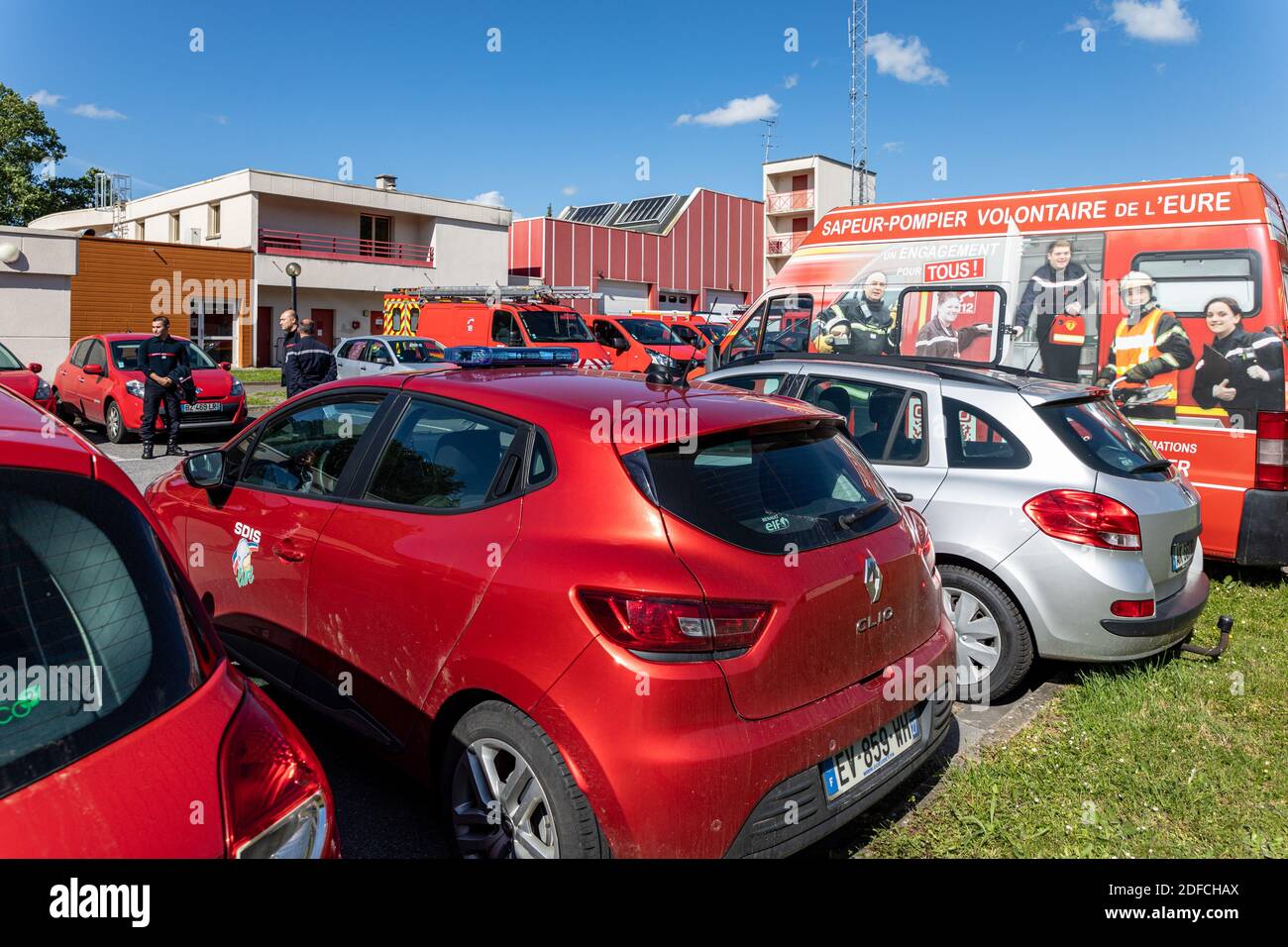 PARKING LOT AT THE SDIS27, FIREFIGHTER, FIRE AND EMERGENCY SERVICE OF THE EURE, EVREUX, FRANCE Stock Photo