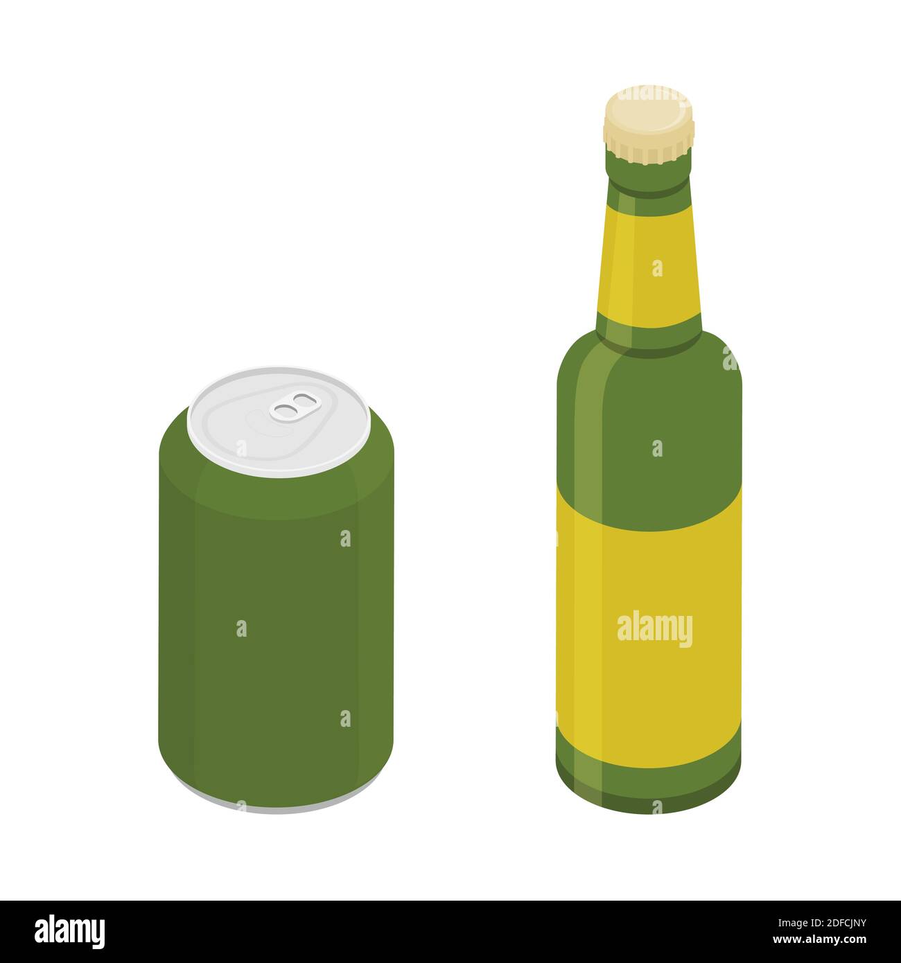 Glass beer bottle and can set isolated on white background. Vector