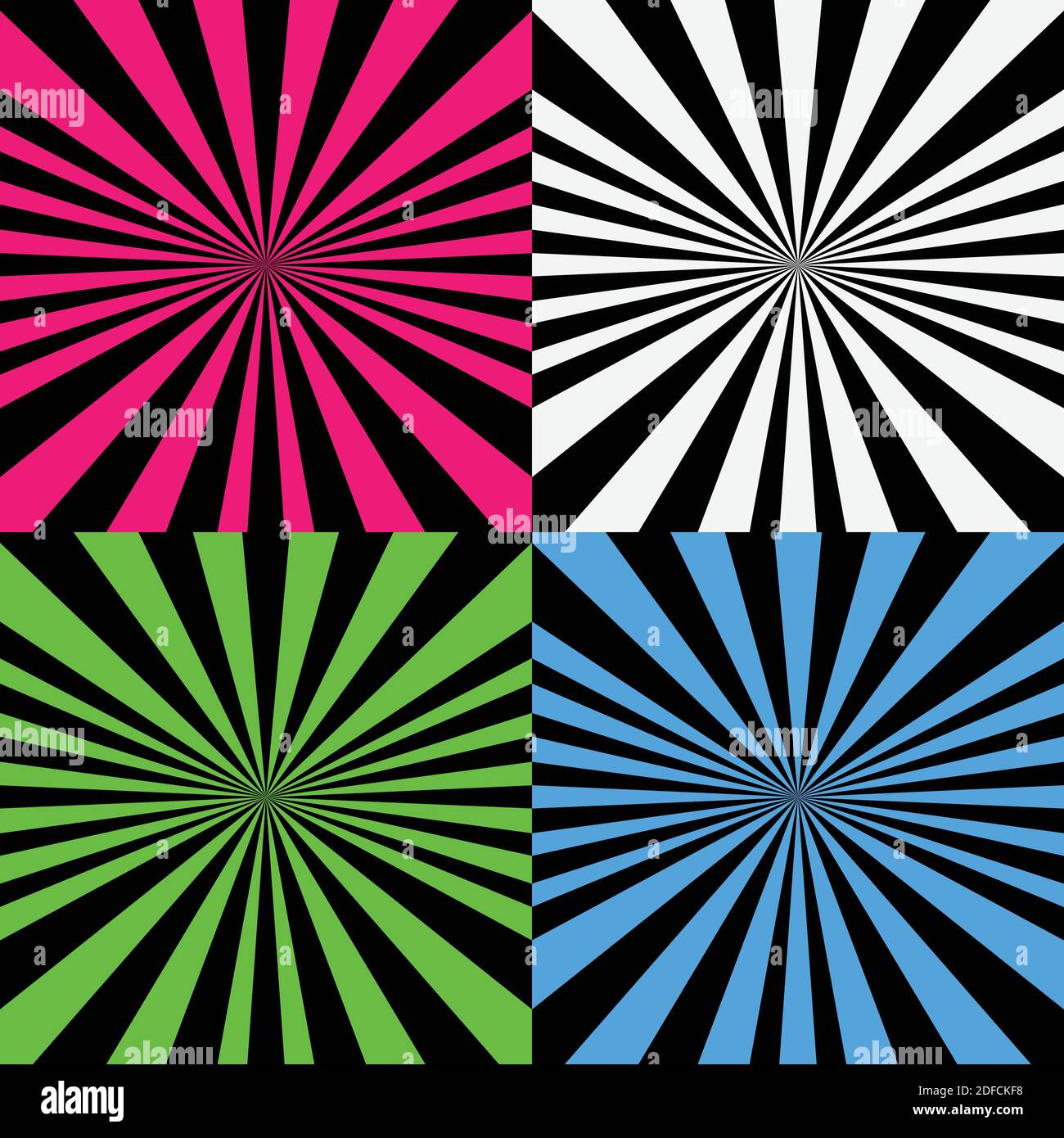 Vector illustration psychedelic spiral set with radial rays, comic effect, vortex background. Hypnotic spiral Stock Vector