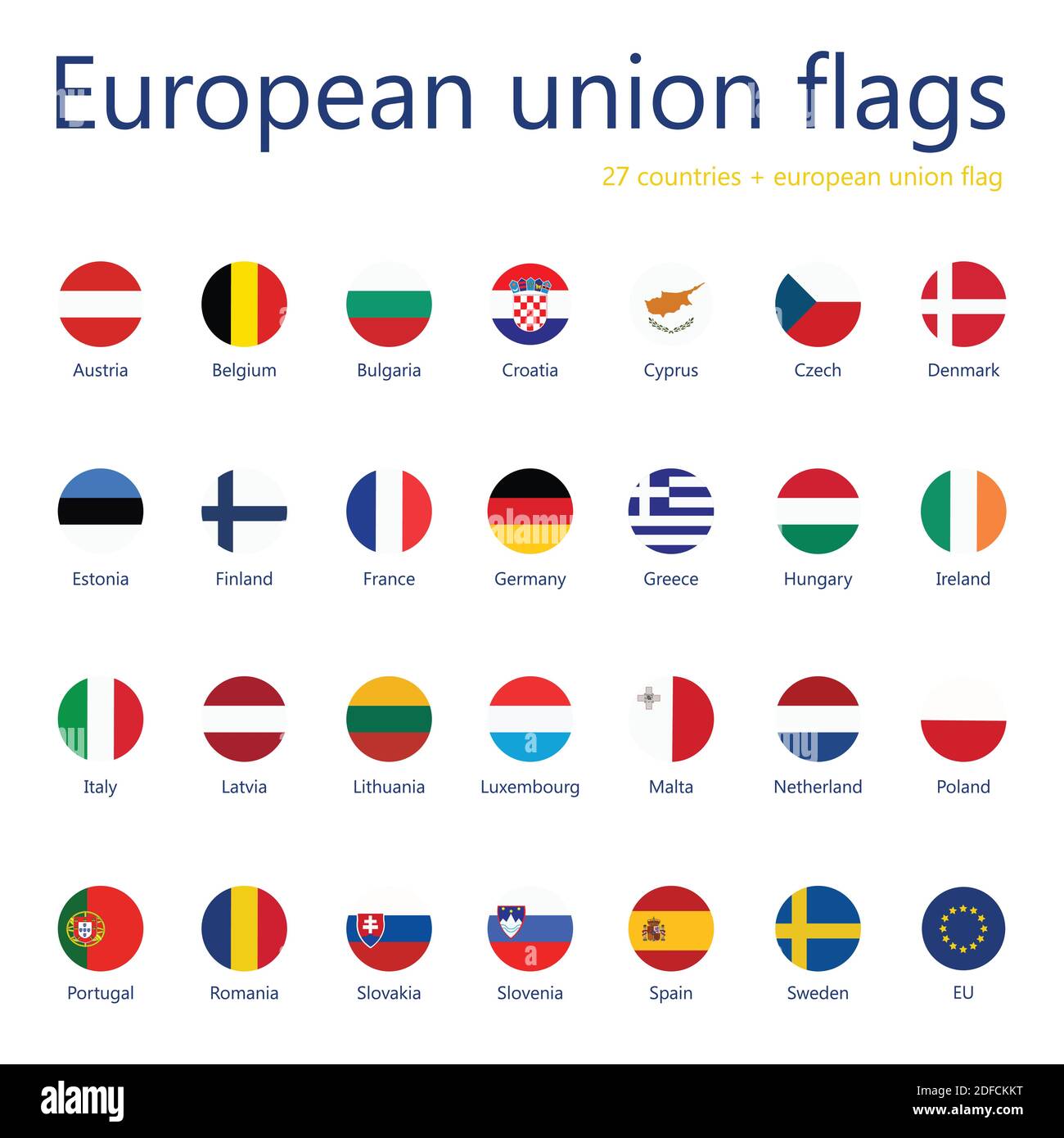 Vector illustration set of european union flags with names. 27 flags+ eu flag. Stock Vector