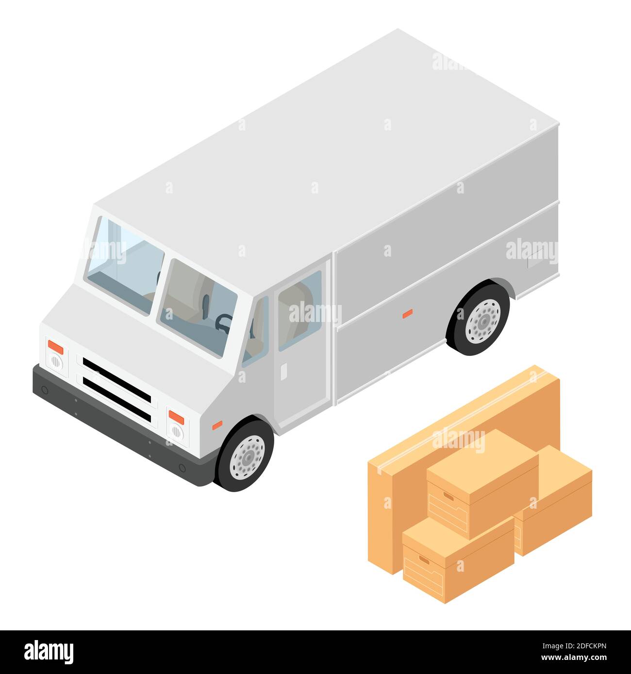 Parcel mail delivery truck, postal car and cardboard boxes isolated on white background