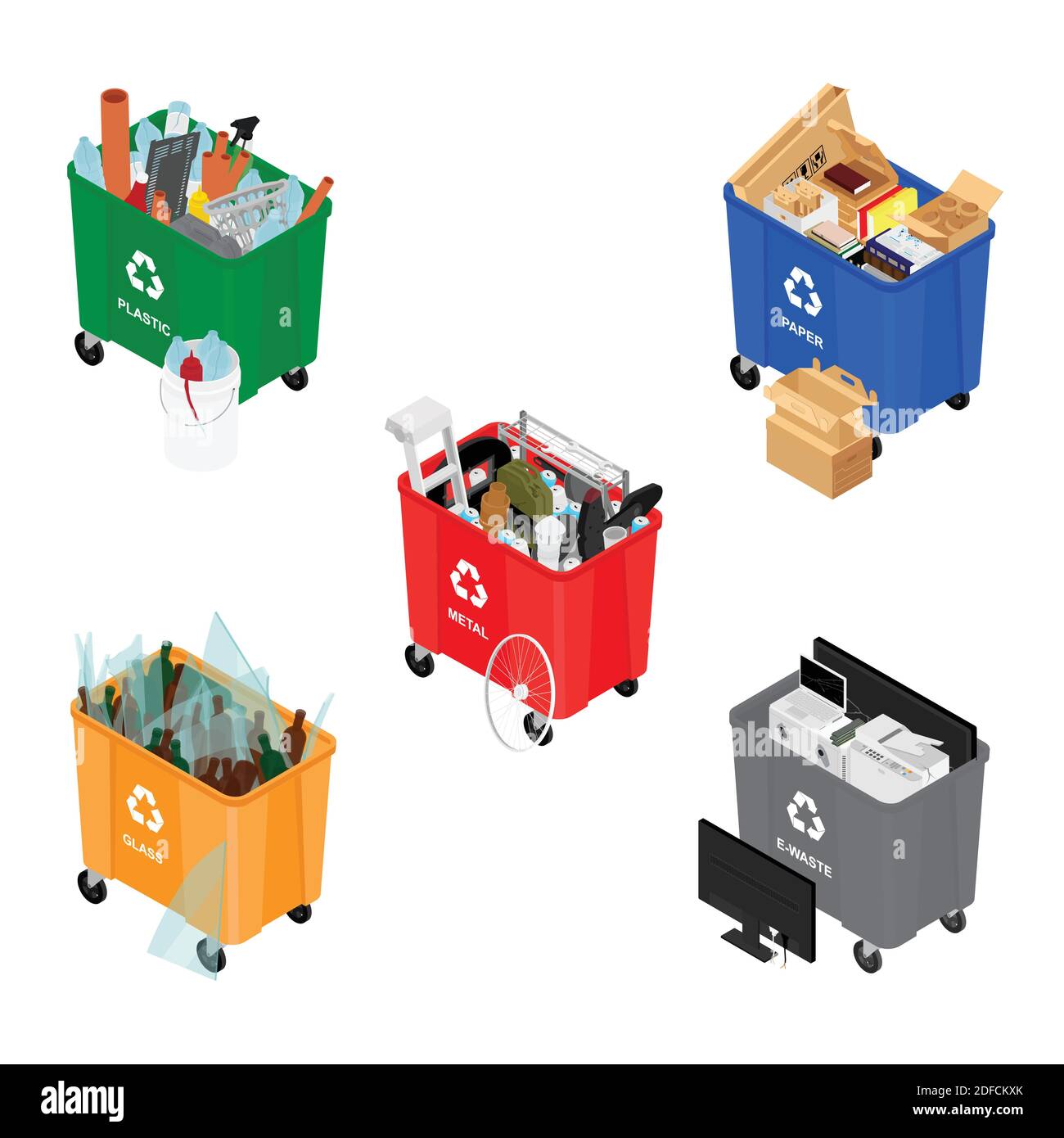 Garbage cans full of sorted garbage vector icons. Recycling garbage ...