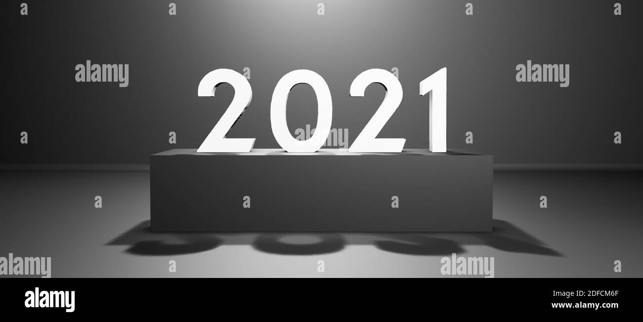 Year 2021 in white bold numbers on a pedestal, dark grey background, 3D cgi rendering, illustration, conceptual wallpaper Stock Photo