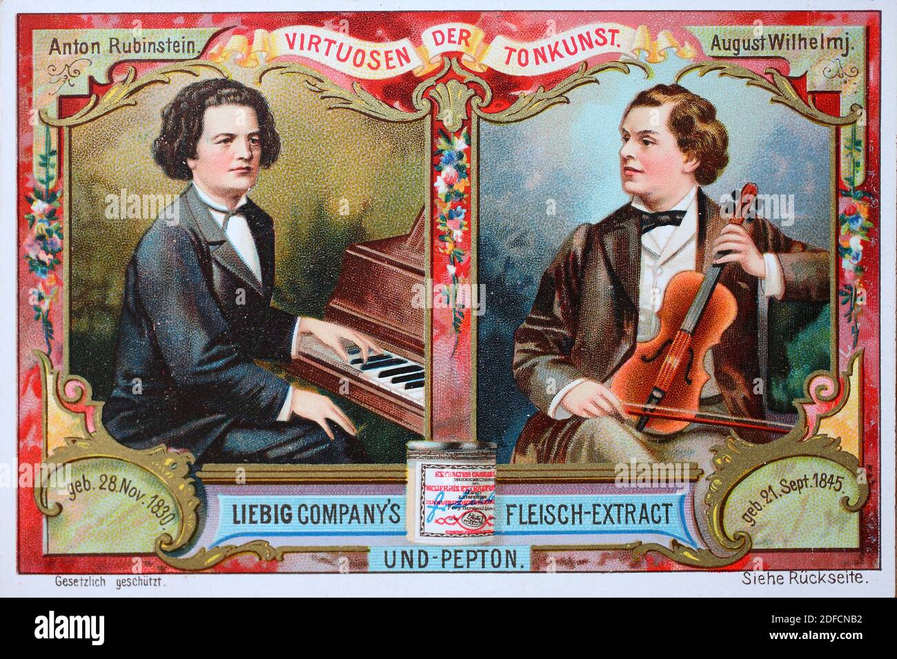 Picture series Virtuosi of the Art of Music, Anton Rubinstein and August Wilhelmj  /  Bildserie Virtuosen der Tonkunst, Anton Rubinstein und August Wilhelmj, Liebigbild, digital improved reproduction of a collectible image from the Liebig company, estimated from 1900, pd  /  digital verbesserte Reproduktion eines Sammelbildes von ca 1900, gemeinfrei, Stock Photo