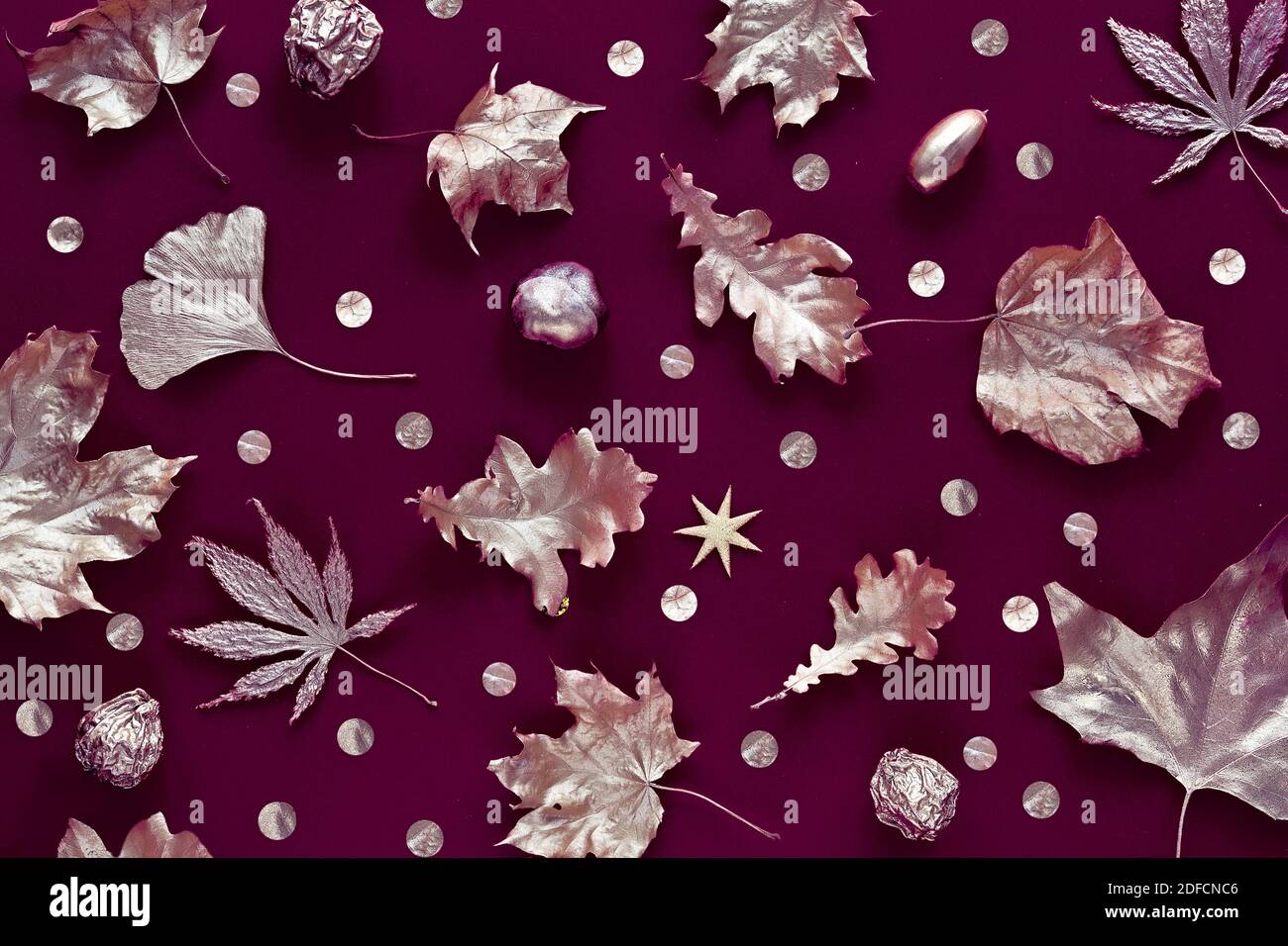 Autumn Leaves With Metallic Golden Paint Flat Lay On Dark Burgundy Color Linen Textile Background Stock Photo Alamy