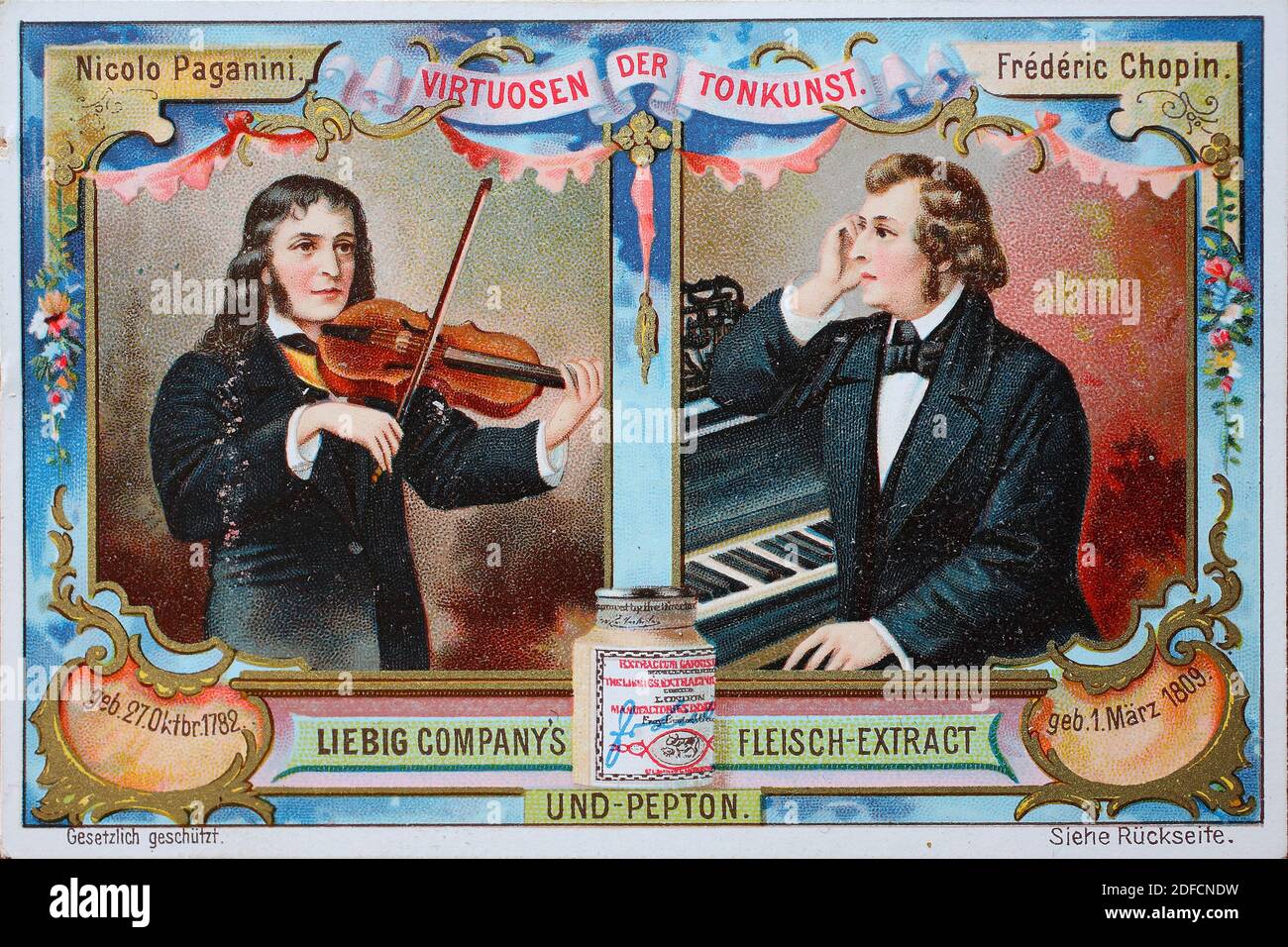 Picture series Virtuosi of the Art of Music, Nicolo Paganini and Fredric Chopin  /  Bildserie Virtuosen der Tonkunst, Nicolo Paganini und Fredric Chopin, Liebigbild, digital improved reproduction of a collectible image from the Liebig company, estimated from 1900, pd  /  digital verbesserte Reproduktion eines Sammelbildes von ca 1900, gemeinfrei, Stock Photo